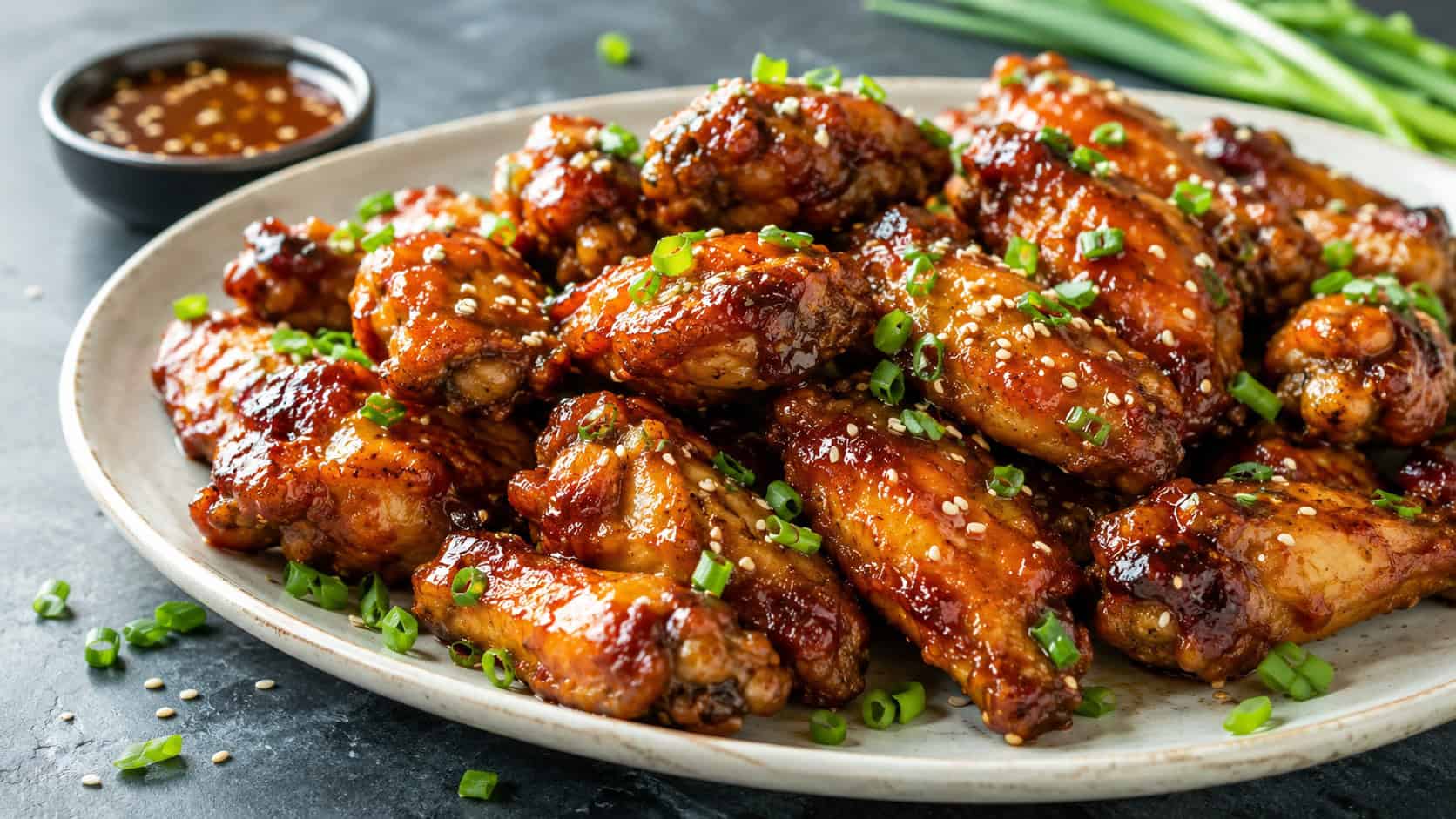 honey garlic chicken wings piled on a wide platter shot horizontally, glossy sticky glazed wings sprinkled with sesame seeds and green onion, a dark slate surface and small dip bowl, natural light, shallow depth of field, landscape orientation