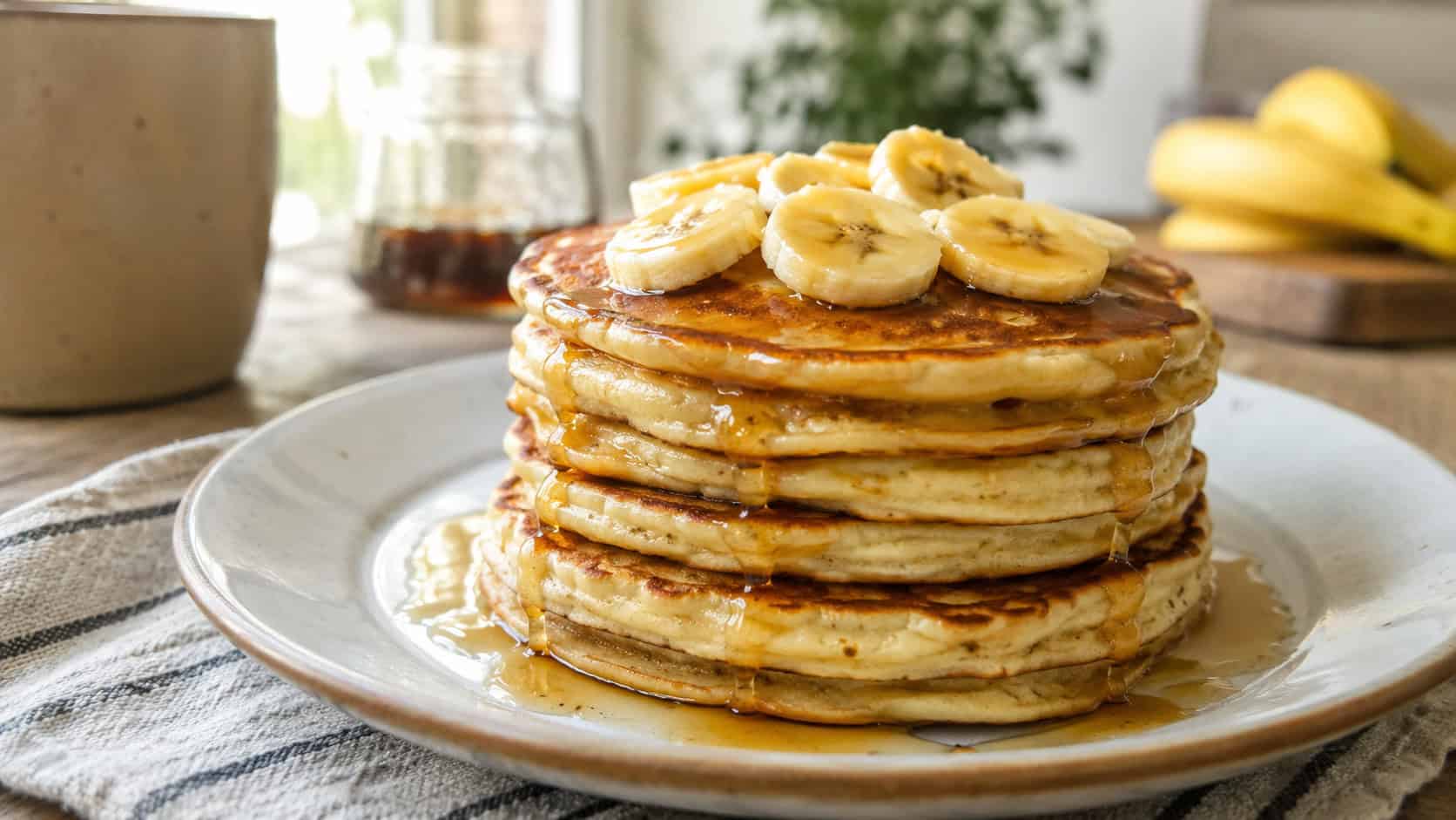 a stack of fluffy banana pancakes topped with banana slices and syrup on a plate, on a bright breakfast table, natural light, shallow depth of field, wide horizontal landscape composition