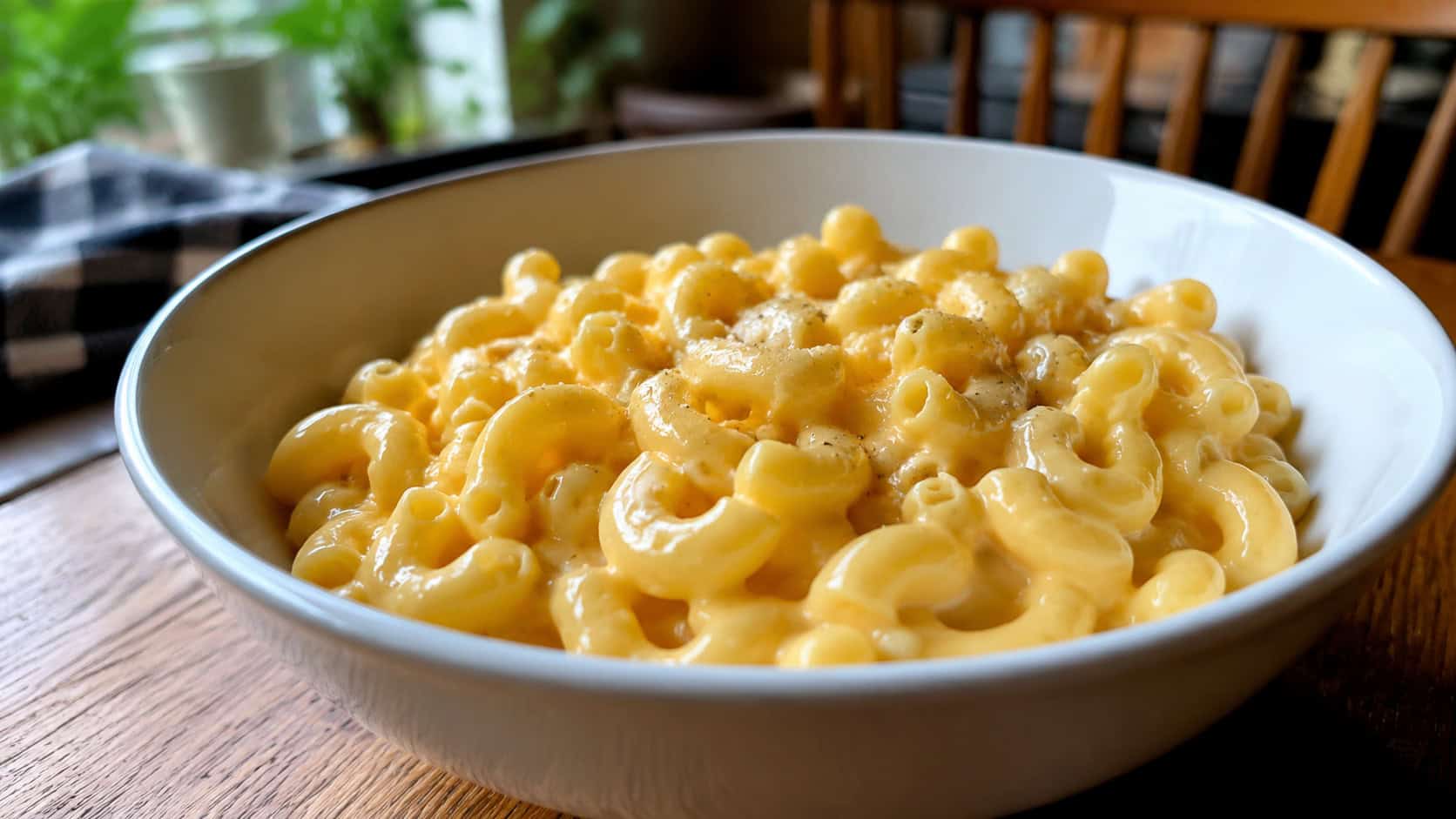 creamy macaroni and cheese in a wide bowl with a glossy cheese sauce, on a cozy kitchen table, natural light, shallow depth of field, wide horizontal landscape composition