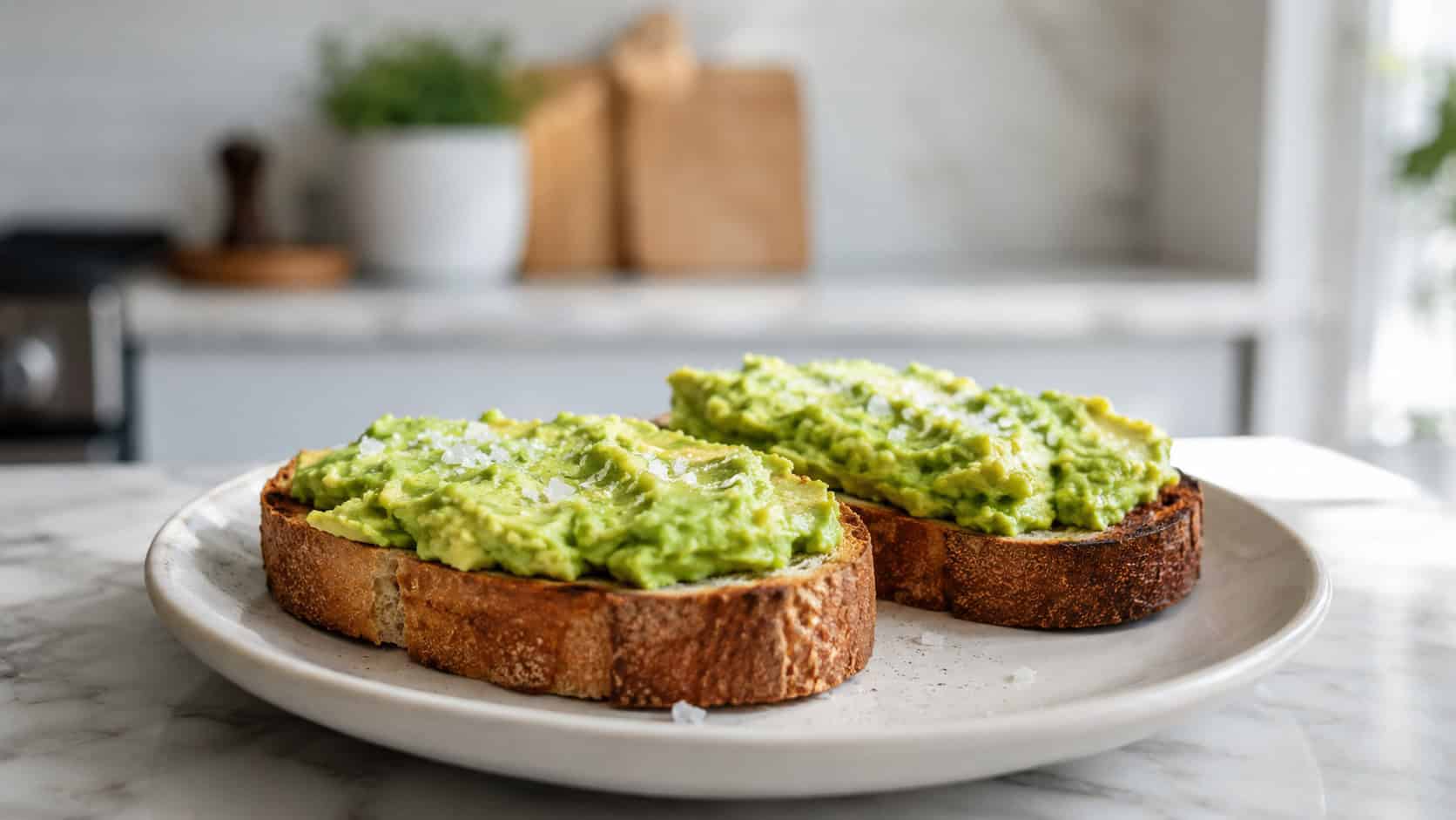 two slices of avocado toast topped with creamy mashed avocado and flaky salt on a plate, on a bright kitchen counter, natural light, shallow depth of field, wide horizontal landscape composition