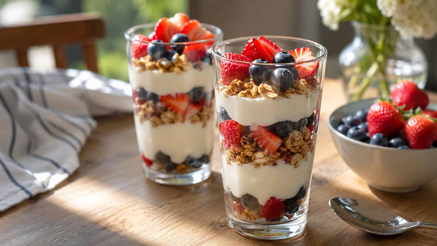 two berry parfaits layered with yogurt, granola and fresh berries in tall glasses, on a sunny breakfast table, natural light, shallow depth of field, wide horizontal landscape composition
