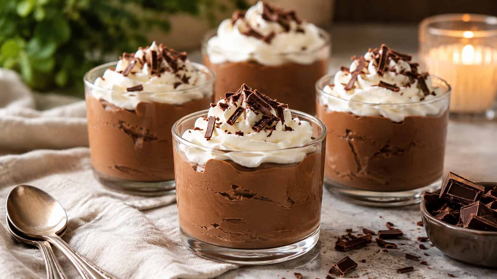 silky chocolate mousse in small glasses topped with whipped cream and chocolate shavings, on a cozy table, natural light, shallow depth of field, wide horizontal landscape composition