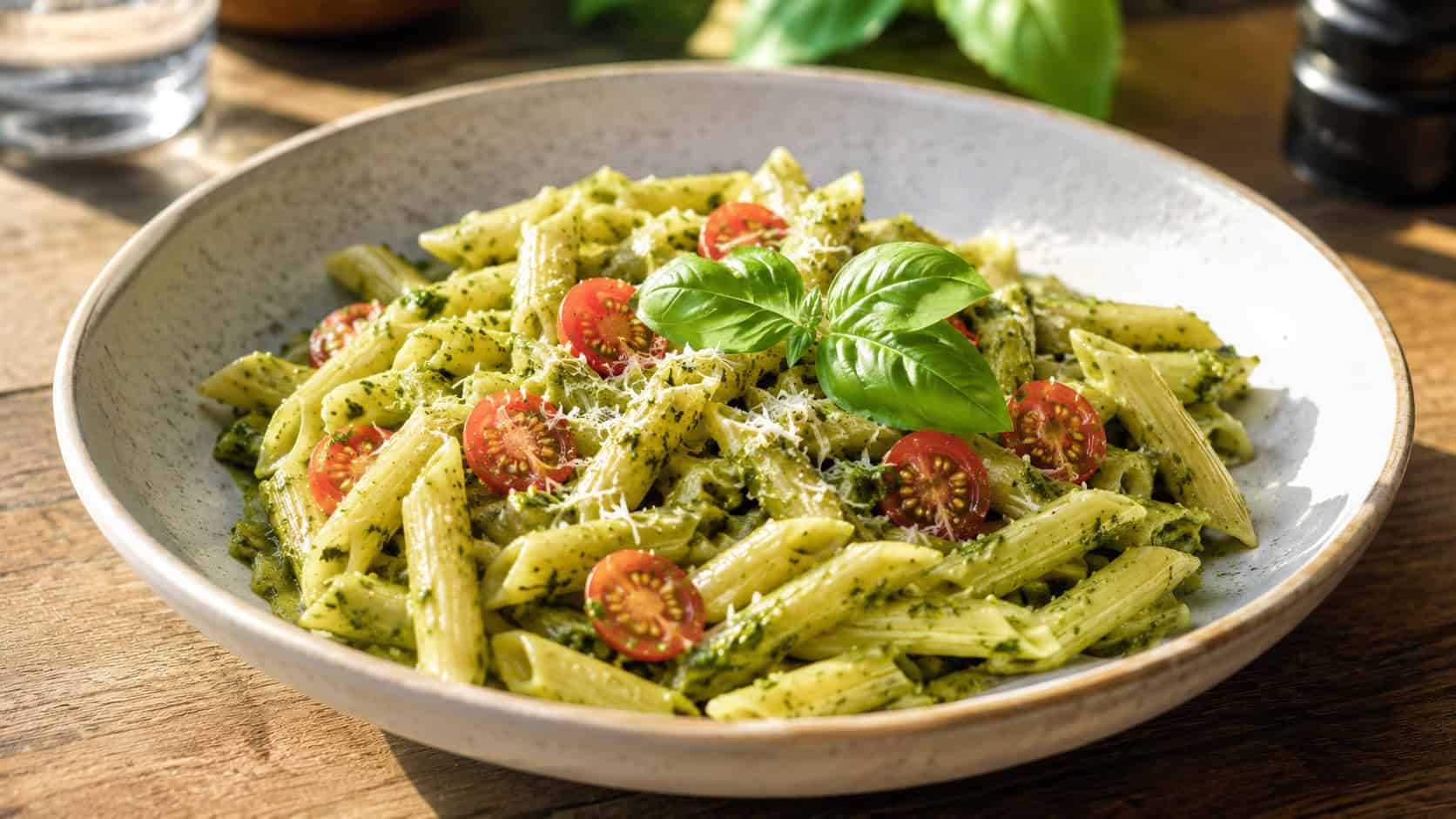 green pesto penne pasta with halved cherry tomatoes and parmesan in a wide bowl, garnished with basil, on a sunny table, natural light, shallow depth of field, wide horizontal landscape composition
