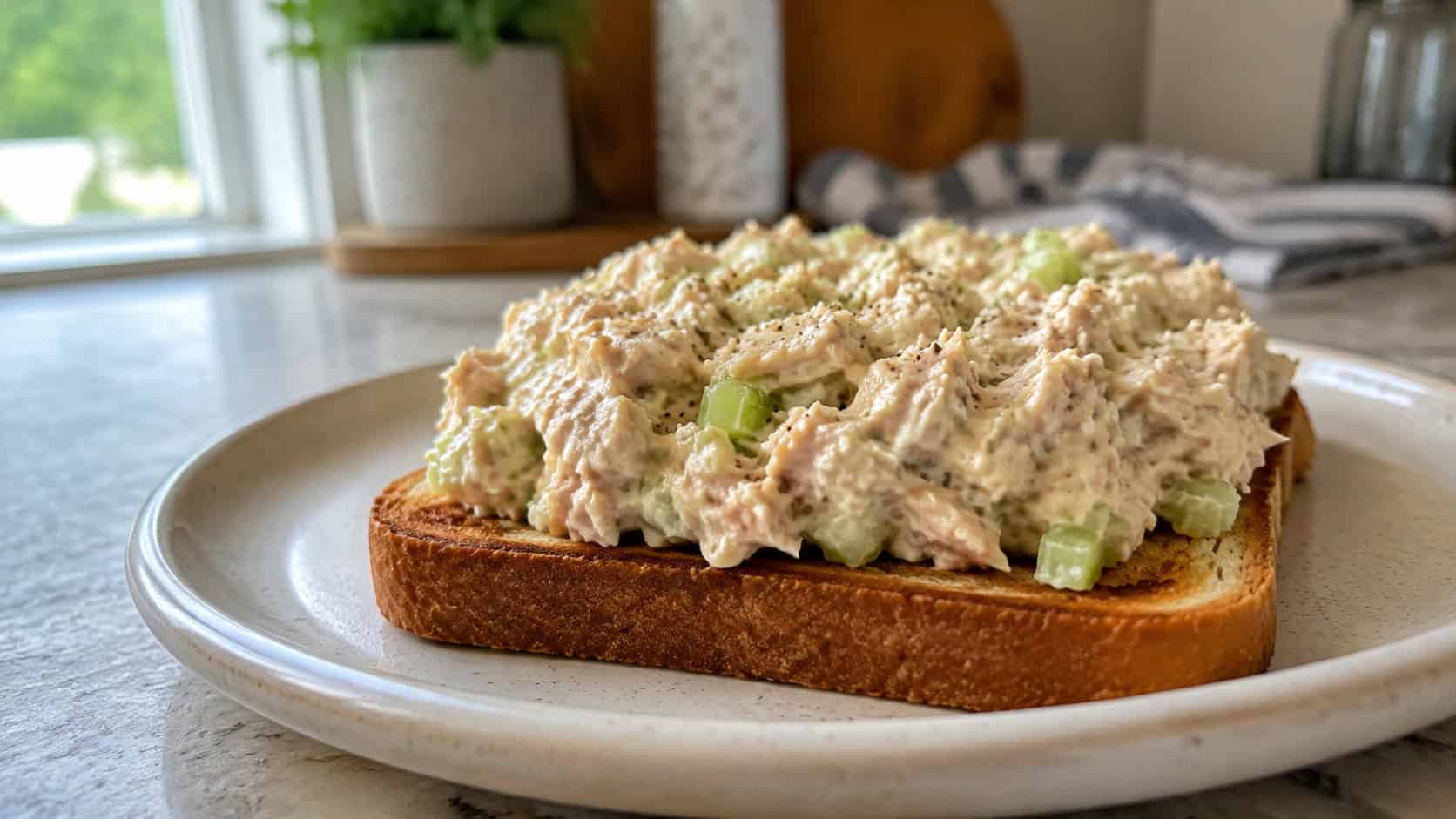 creamy tuna salad with celery piled on toasted bread on a plate, on a bright kitchen counter, natural light, shallow depth of field, wide horizontal landscape composition