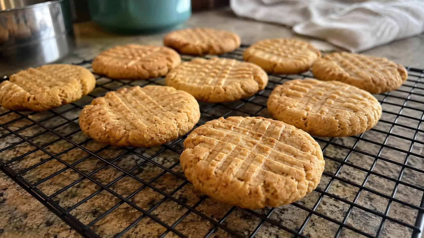 golden peanut butter cookies with crisscross fork marks cooling on a wire rack, on a kitchen counter, natural light, shallow depth of field, wide horizontal landscape composition