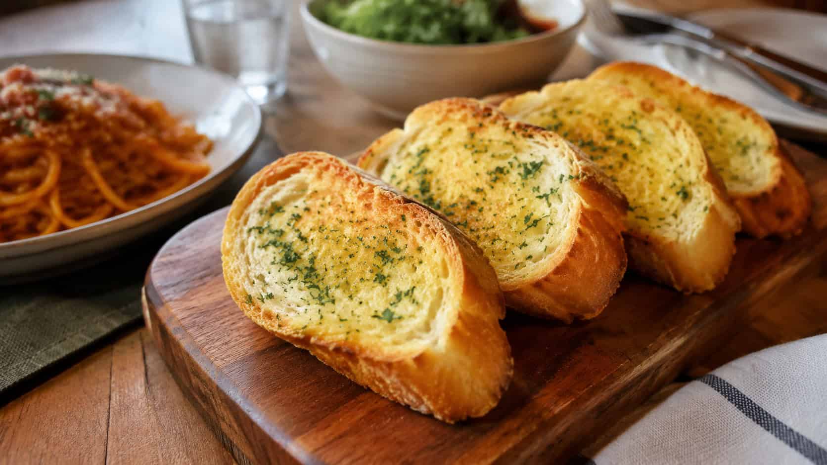 golden garlic bread slices flecked with parsley on a wooden board, on a cozy dinner table, natural light, shallow depth of field, wide horizontal landscape composition