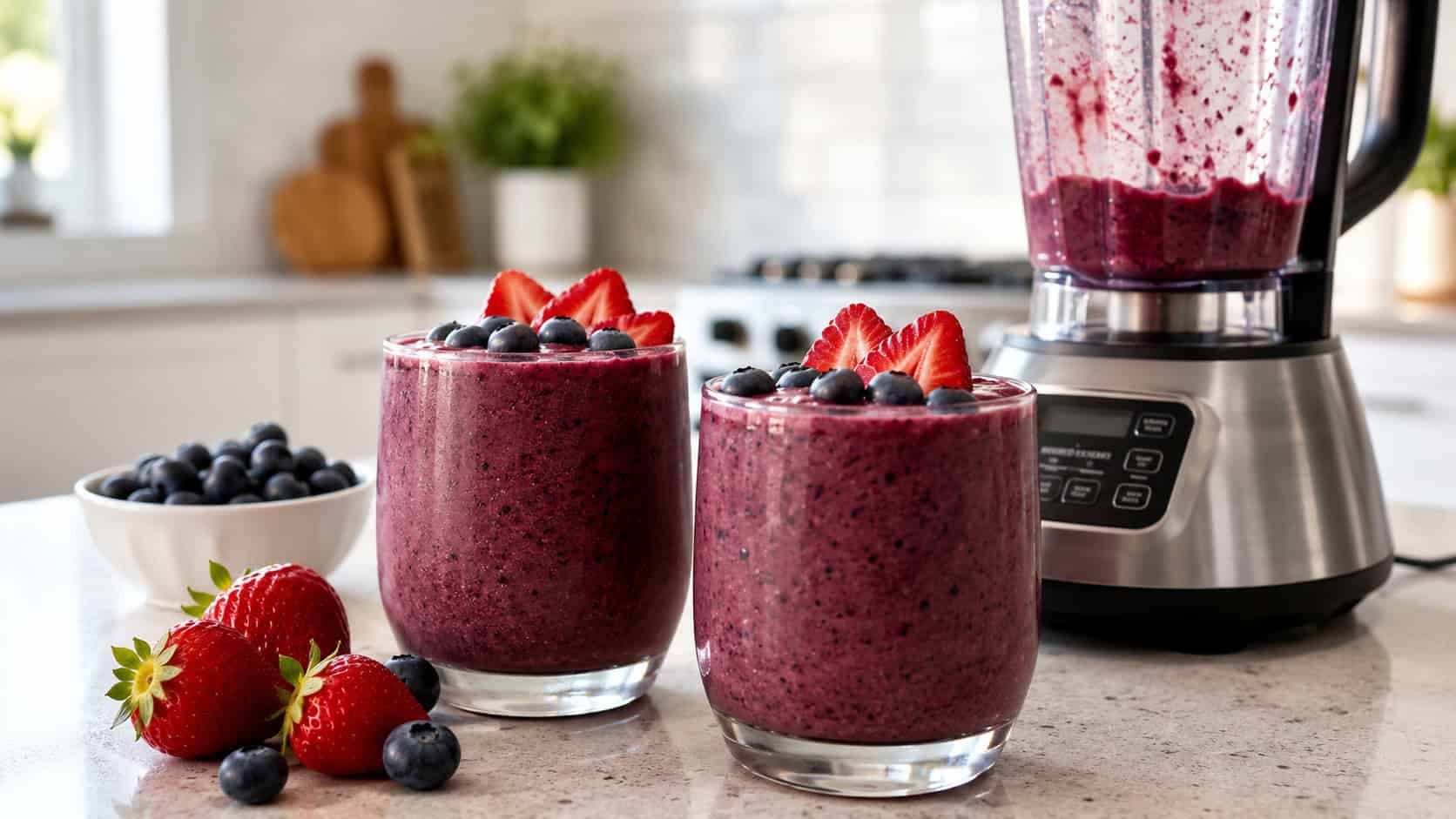 two glasses of thick berry smoothie topped with fresh fruit beside a blender, on a bright kitchen counter, natural light, shallow depth of field, wide horizontal landscape composition