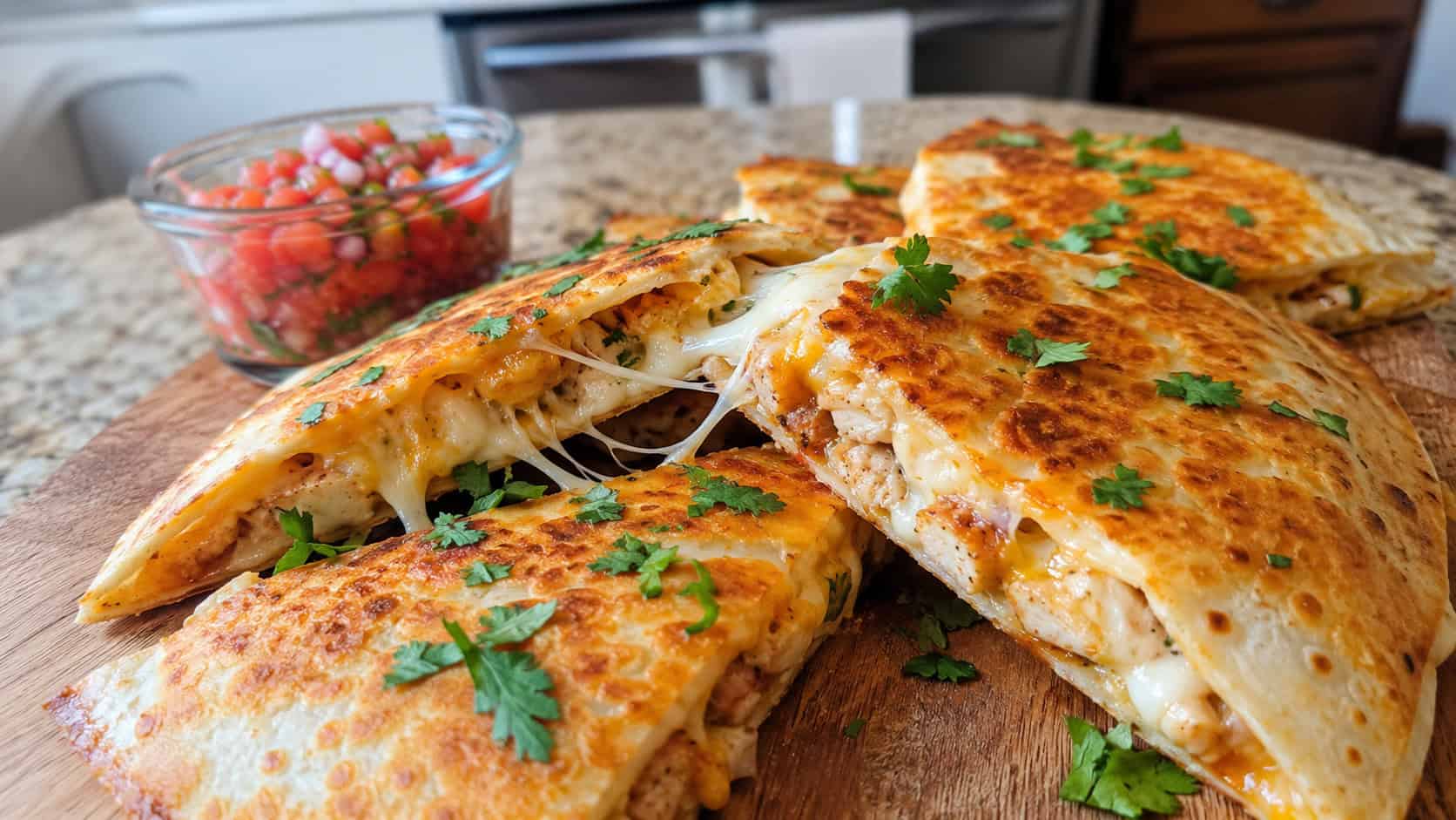 golden chicken quesadilla wedges with melted cheese stretching, on a wooden board with salsa, on a kitchen counter, natural light, shallow depth of field, wide horizontal landscape composition