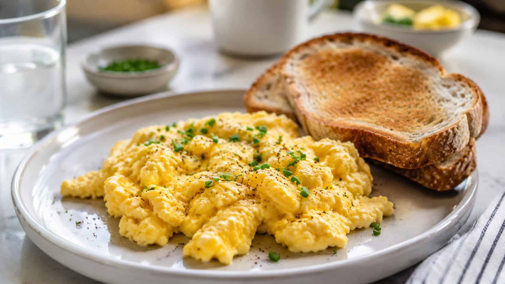 soft fluffy scrambled eggs on a plate with toast, sprinkled with chives, on a bright breakfast table, natural light, shallow depth of field, wide horizontal landscape composition