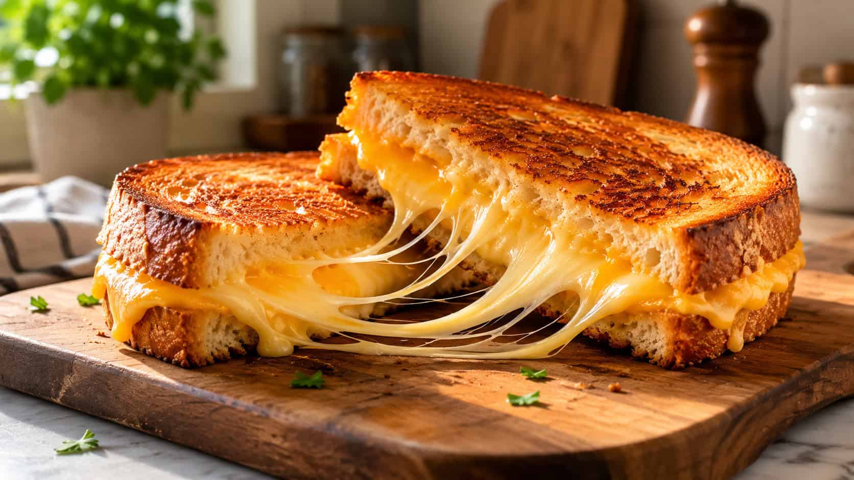 a grilled cheese sandwich cut in half with melted cheese pulling apart on a wooden board, on a cozy kitchen counter, natural light, shallow depth of field, wide horizontal landscape composition