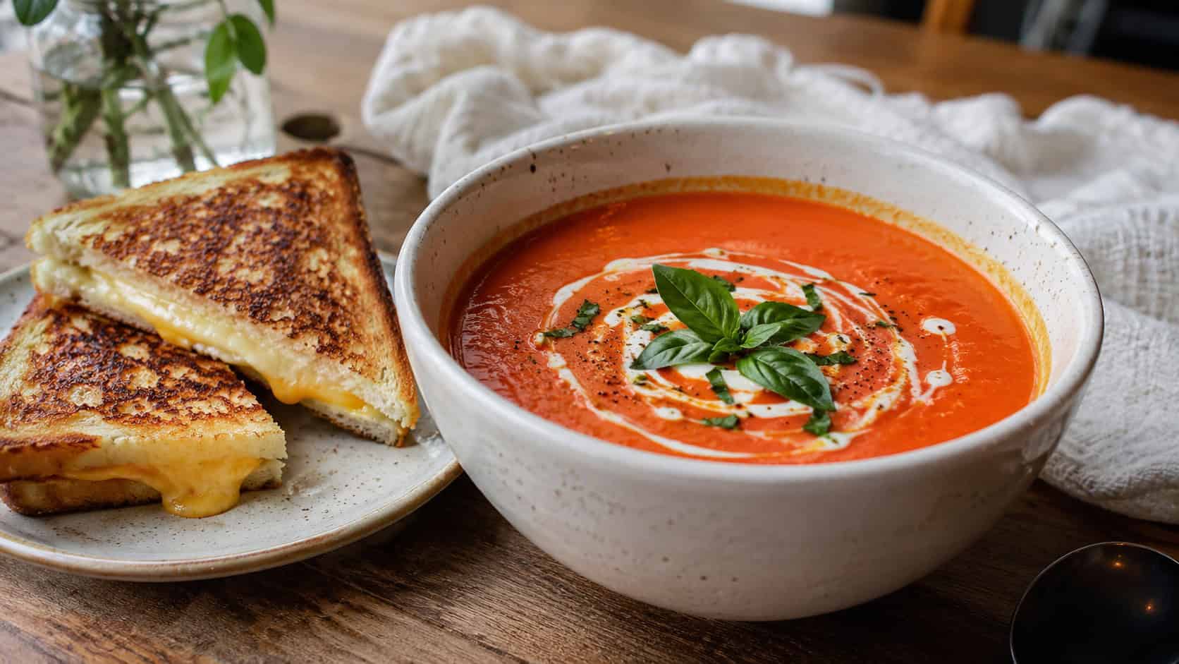 a creamy bowl of tomato soup with a swirl of cream and basil beside grilled cheese, on a cozy table, natural light, shallow depth of field, wide horizontal landscape composition