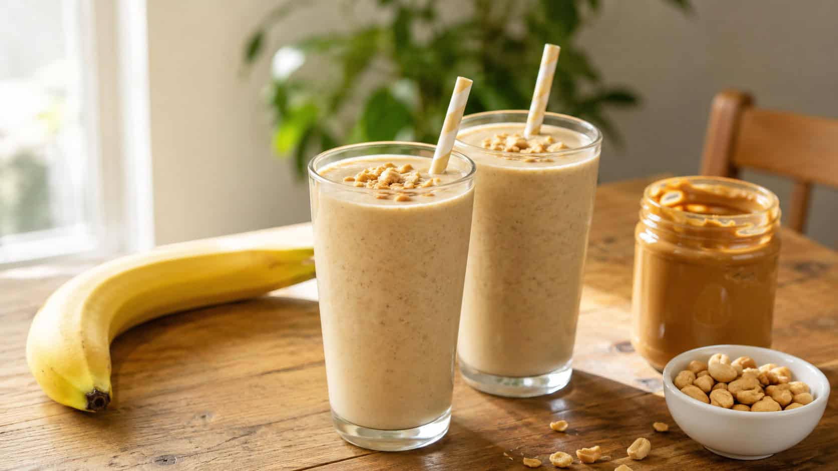 two creamy banana peanut butter smoothies in tall glasses in a wide horizontal shot, on a wooden table with a banana and a jar of peanut butter nearby, bright morning light, shallow depth of field, landscape orientation