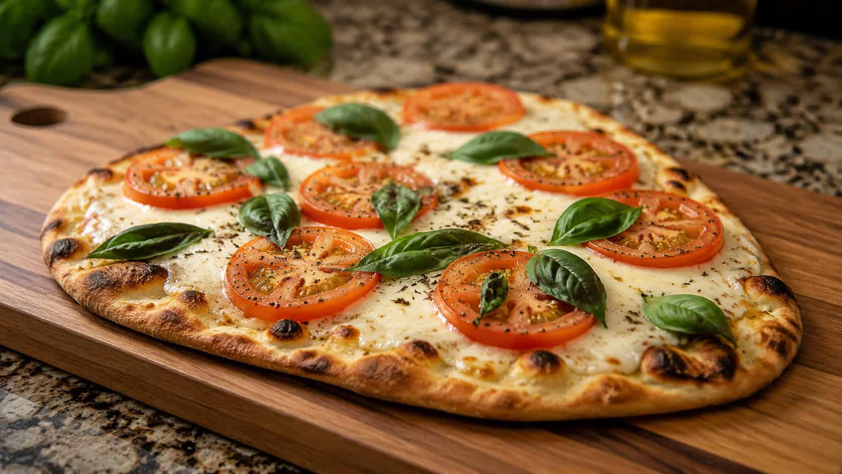 a naan flatbread pizza with melted mozzarella, tomato slices, and fresh basil in a wide horizontal shot, on a wooden board over a kitchen counter, warm natural light, shallow depth of field, landscape orientation
