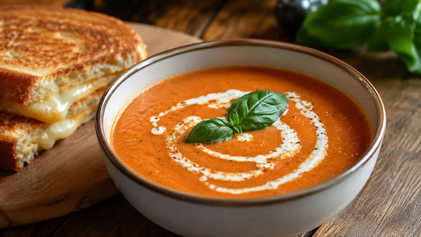 a bowl of creamy tomato basil soup with a swirl of cream and a basil leaf in a wide horizontal shot, on a wooden table beside a grilled cheese, warm natural light, shallow depth of field, landscape orientation