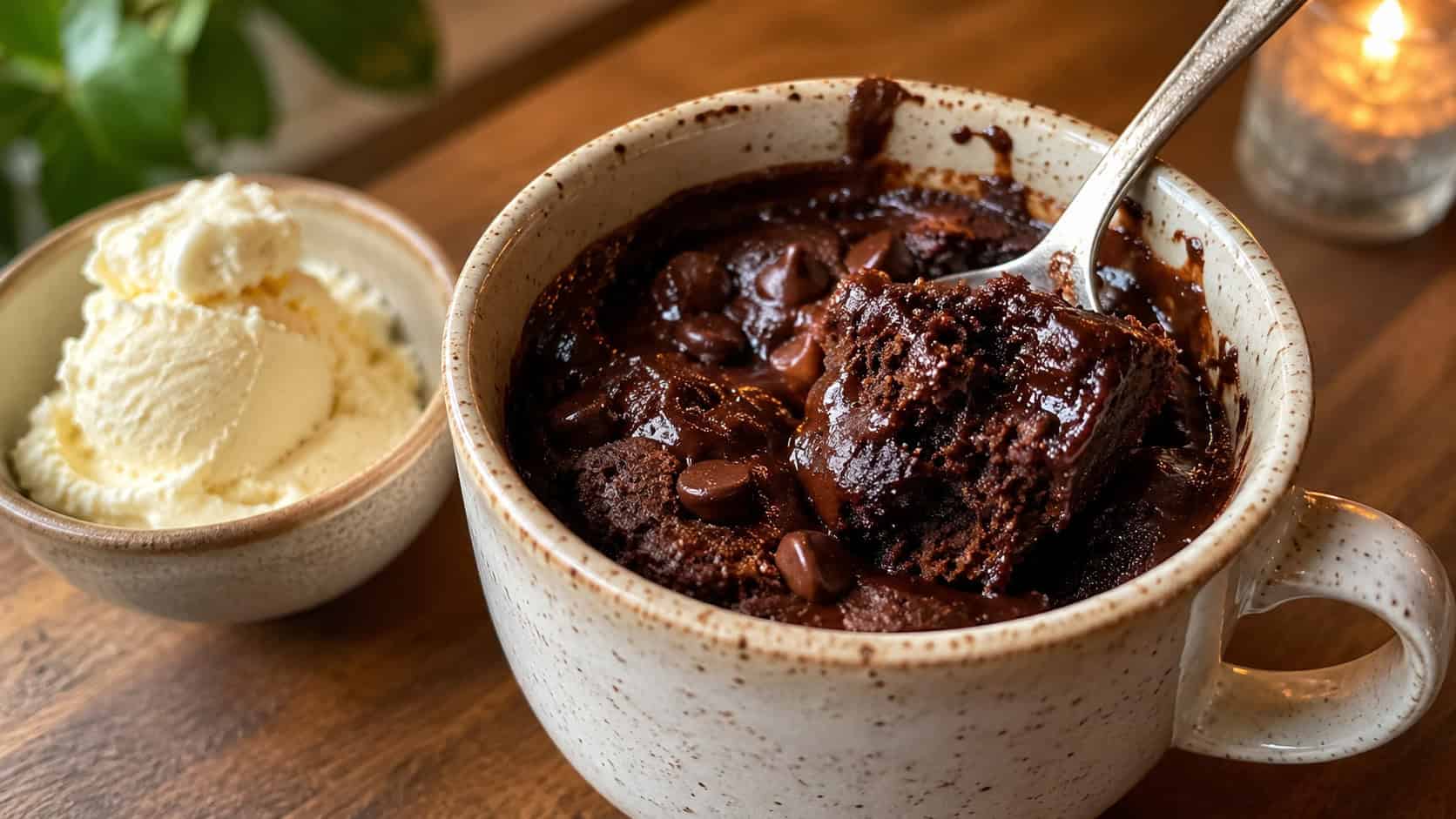 a gooey chocolate mug brownie with melty chocolate chips and a spoon in a wide horizontal shot, in a ceramic mug on a wooden table with a scoop of ice cream beside it, warm cozy light, shallow depth of field, landscape orientation