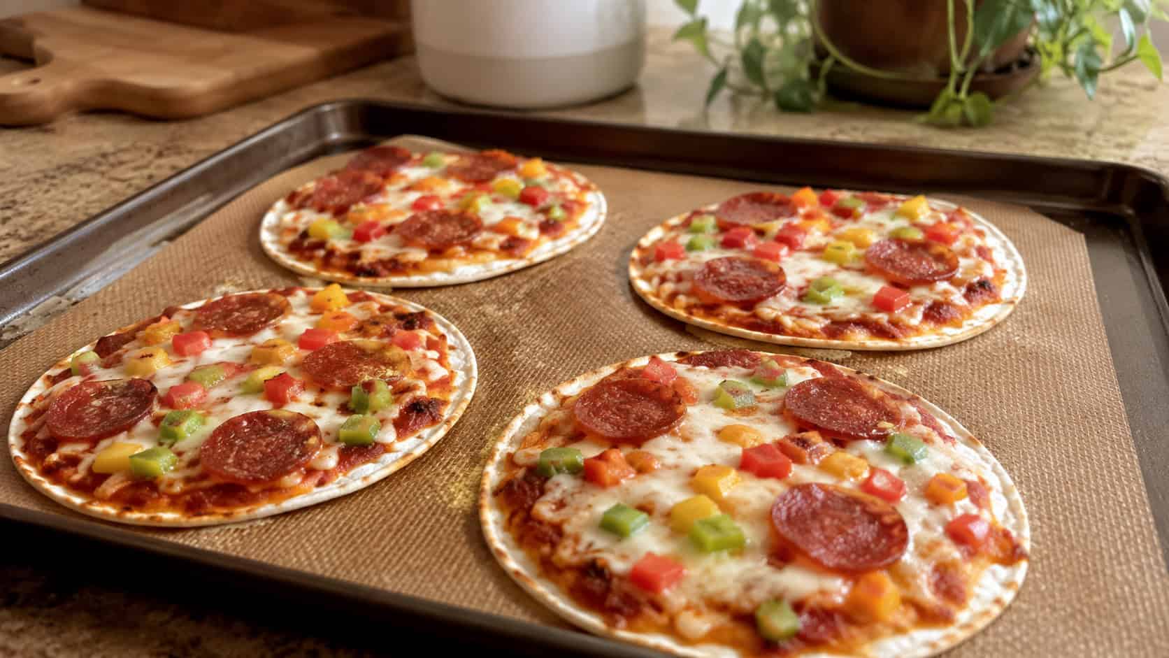 four mini tortilla pizzas with melted cheese, pepperoni, and bell pepper in a wide horizontal shot, on a baking sheet over a kitchen counter, warm natural light, shallow depth of field, landscape orientation