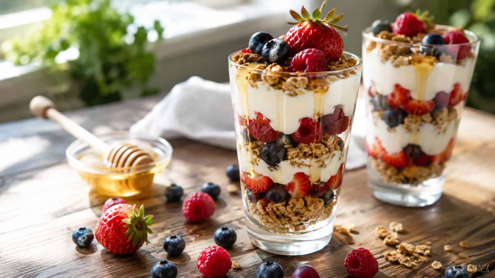 layered yogurt parfaits with granola, fresh berries, and a honey drizzle in tall glasses in a wide horizontal shot, on a wooden table with scattered berries, bright morning light, shallow depth of field, landscape orientation