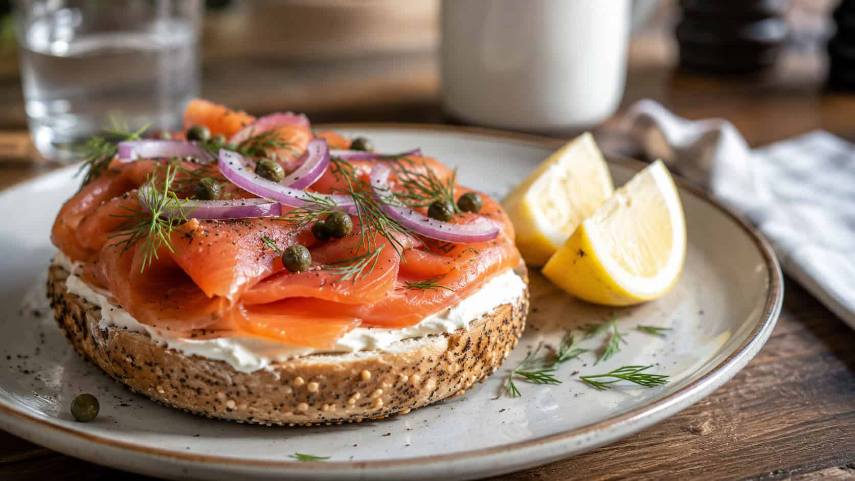 an open-faced bagel with cream cheese, smoked salmon, red onion, capers, and dill in a wide horizontal shot, on a plate over a wooden table with lemon wedges nearby, bright natural light, shallow depth of field, landscape orientation