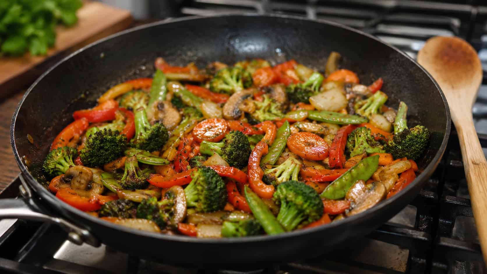 a colorful vegetable stir fry glistening in a savory glaze in a wide horizontal shot, in a dark skillet on a stovetop with a wooden spoon resting nearby, warm natural light, shallow depth of field, landscape orientation