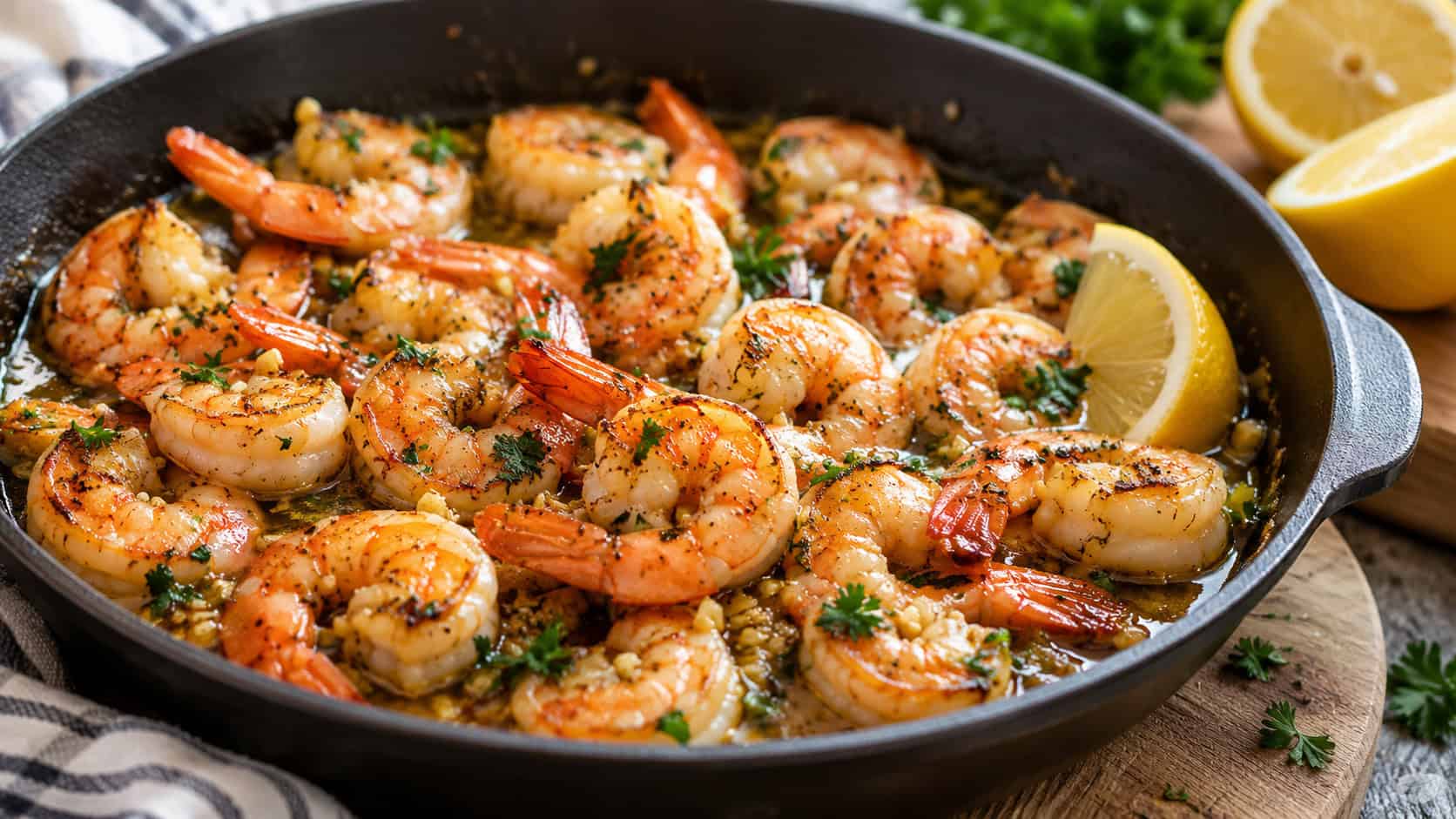garlicky buttered shrimp glistening with lemon and flecked with parsley in a wide horizontal shot, in a skillet on a wooden surface with lemon wedges nearby, bright natural light, shallow depth of field, landscape orientation
