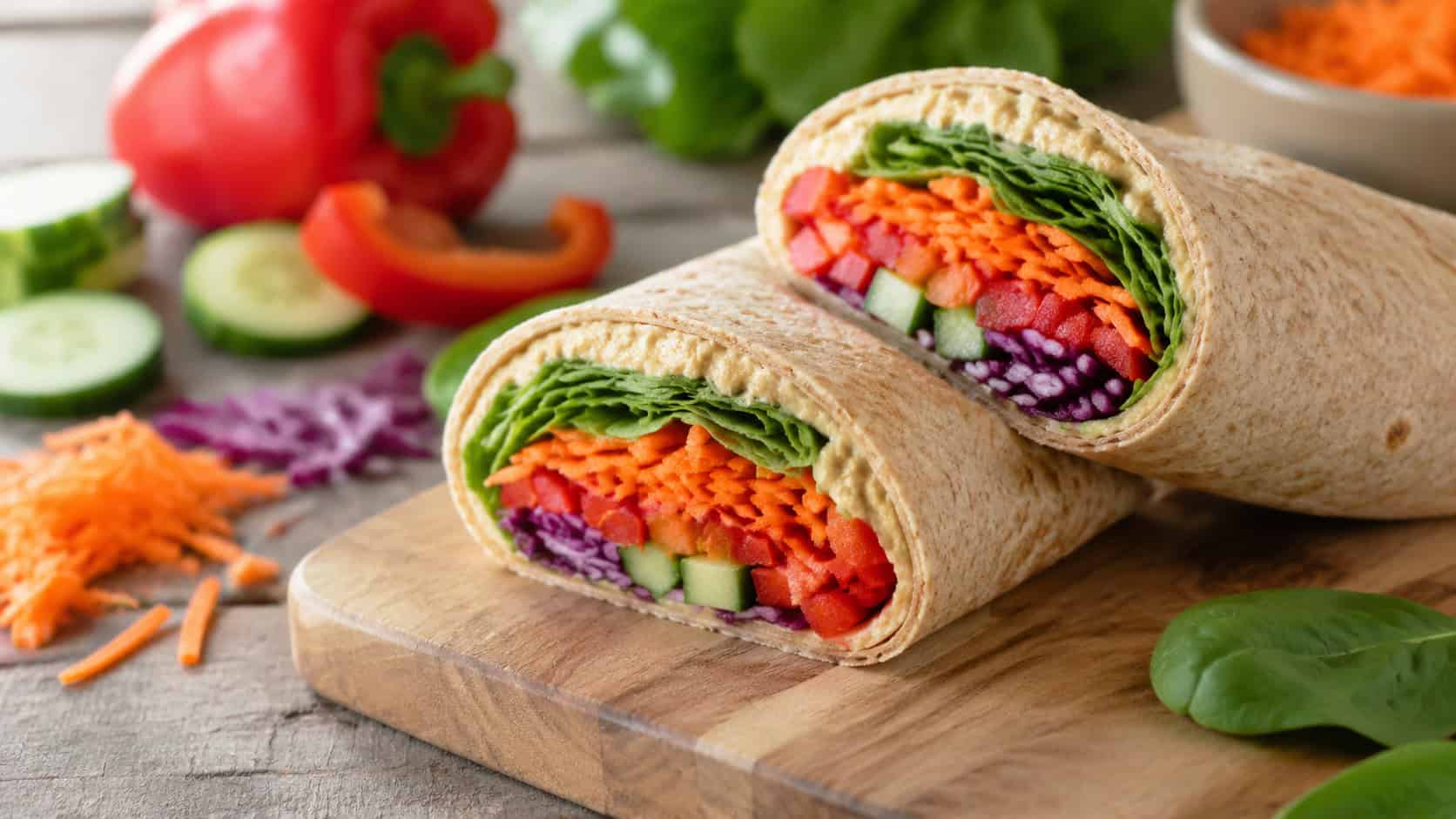 a sliced veggie hummus wrap showing colorful layers of vegetables in a wide horizontal shot, on a board over a wooden table with extra veggies scattered nearby, bright natural light, shallow depth of field, landscape orientation