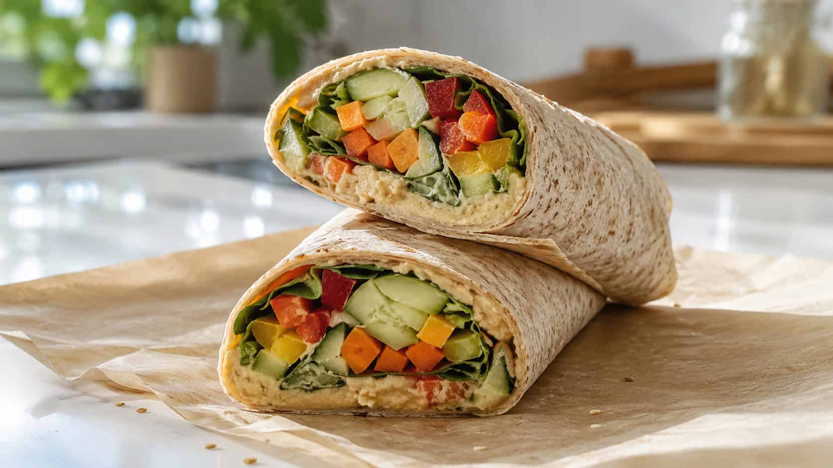 a veggie hummus wrap sliced in half in a wide horizontal shot, colorful layers of carrot, cucumber, and pepper visible, packed in a lunch container with apple slices, bright cheerful light, shallow depth of field, landscape orientation