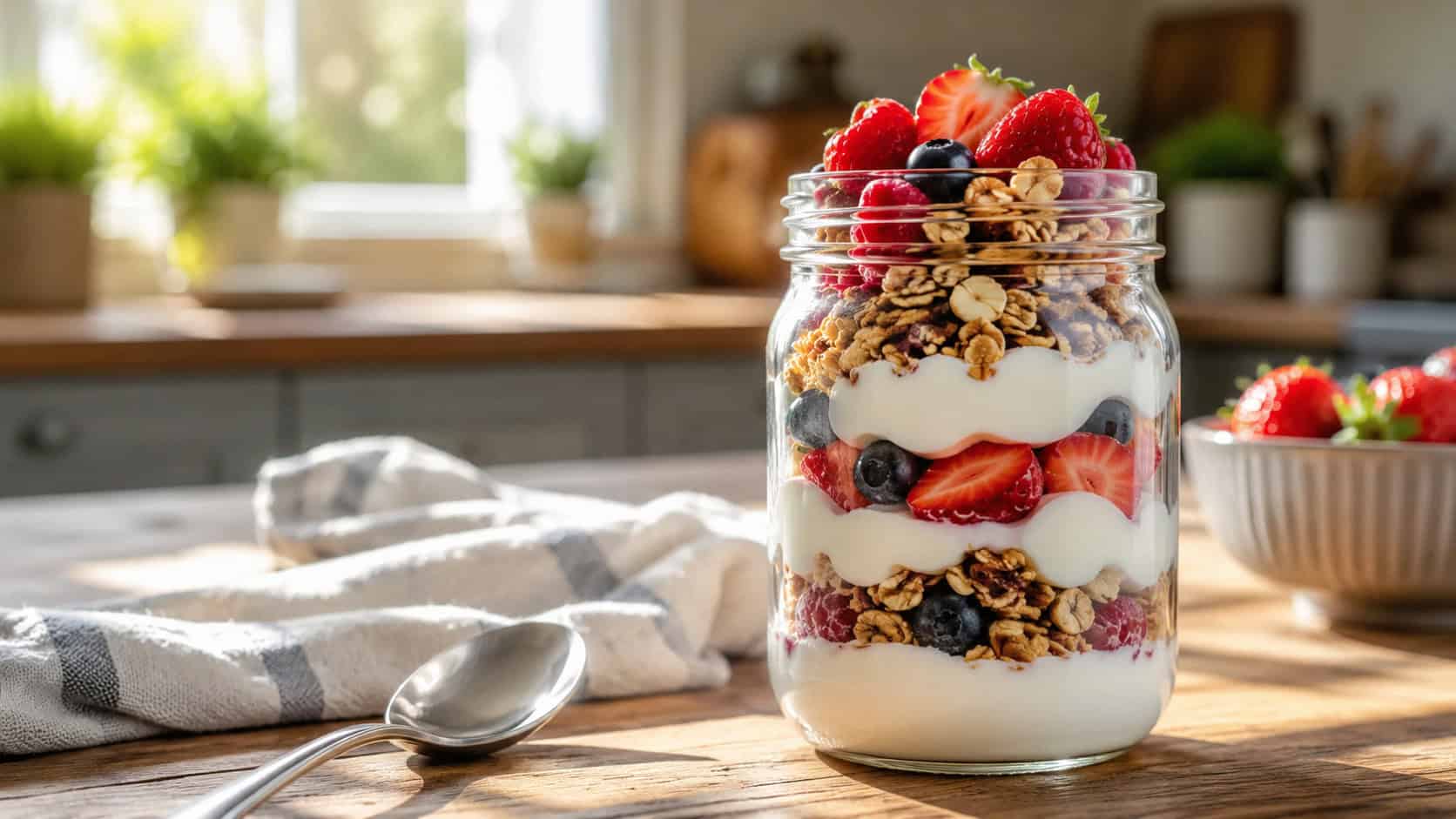 a fruit and yogurt parfait in a wide horizontal shot, creamy layers with bright berries in a clear jar beside a small bag of granola, set on a sunny counter, fresh natural light, shallow depth of field, landscape orientation