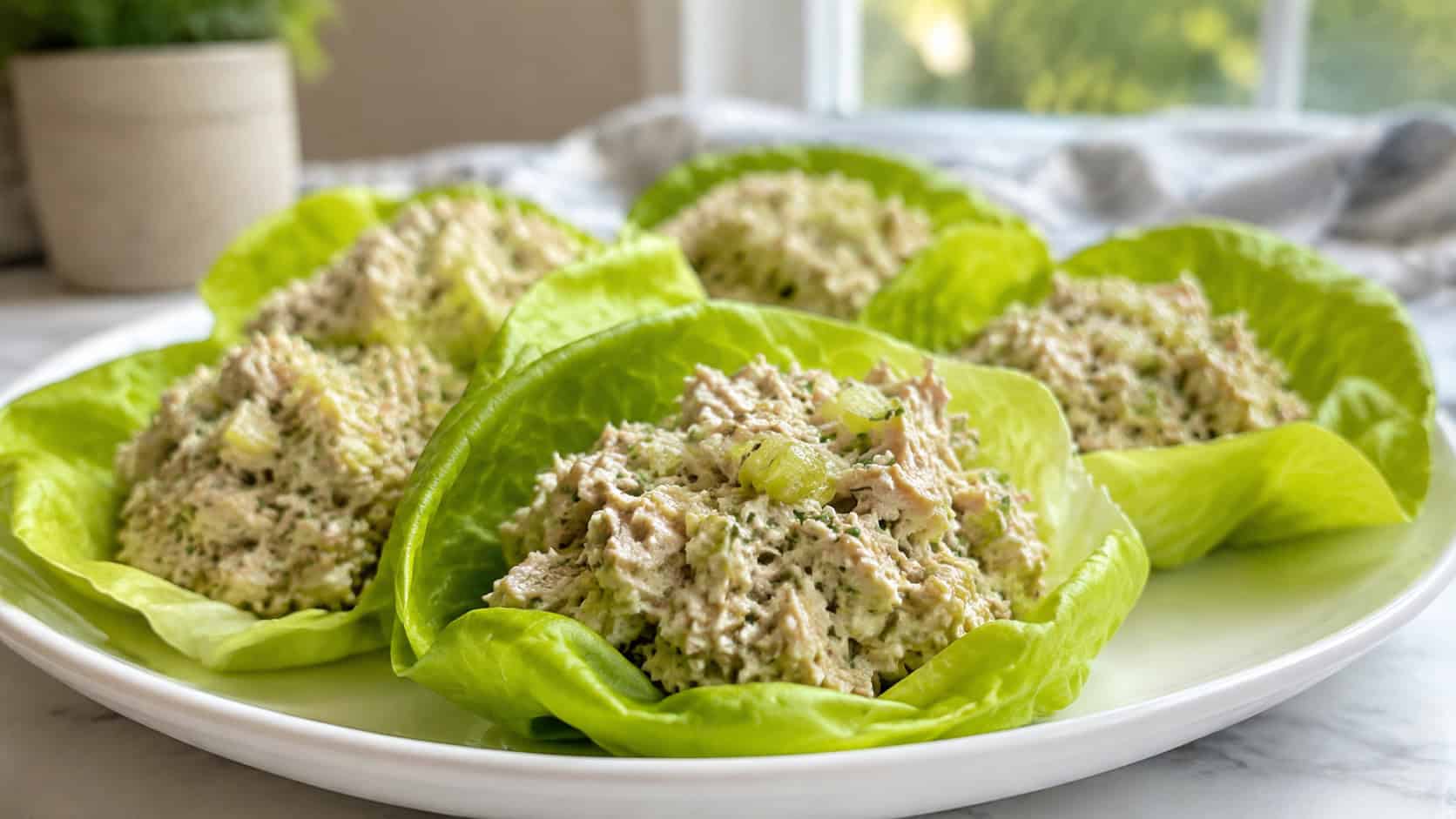 tuna salad lettuce wraps in a wide horizontal shot, creamy tuna nestled in crisp green lettuce cups arranged in a lunch container with crackers, set on a kitchen counter, bright fresh light, shallow depth of field, landscape orientation
