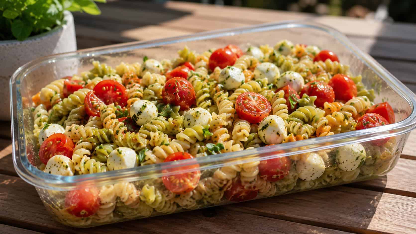 pasta salad in a wide horizontal shot, spiral pasta tossed with bright cherry tomatoes and mozzarella in a clear container, flecked with herbs, set on a sunny counter, fresh natural light, shallow depth of field, landscape orientation