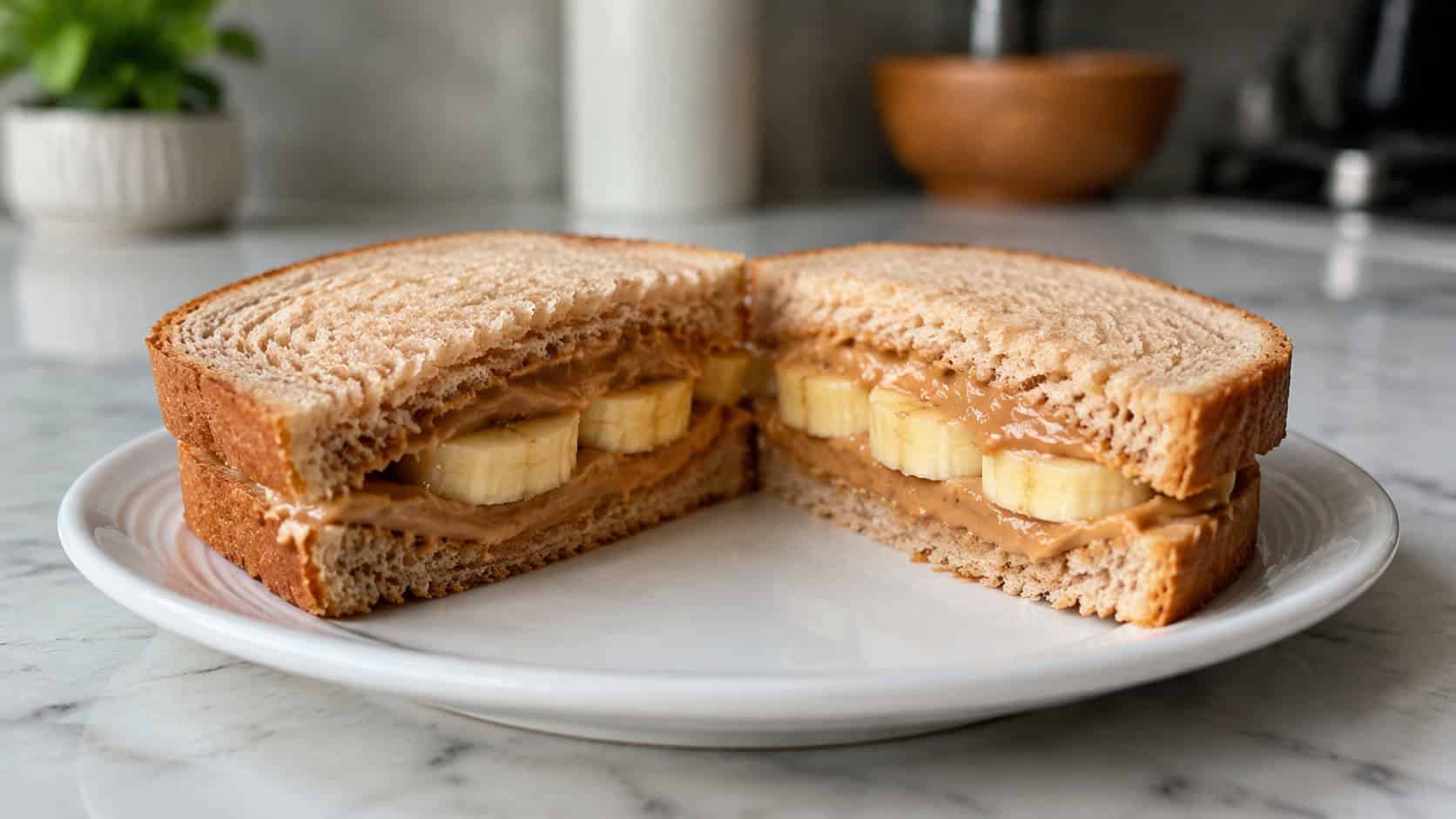 a peanut butter and banana sandwich cut in half in a wide horizontal shot, banana slices and creamy filling visible, packed in a lunch box with a handful of pretzels, set on a bright counter, cheerful natural light, shallow depth of field, landscape orientation