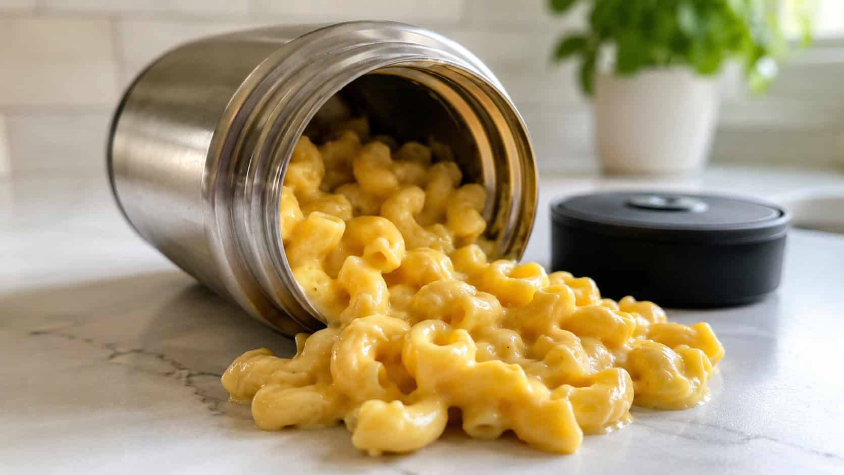 creamy gluten-free macaroni and cheese in a wide horizontal shot, golden cheesy pasta spilling from an open thermos onto a bright counter, natural light, shallow depth of field, landscape orientation