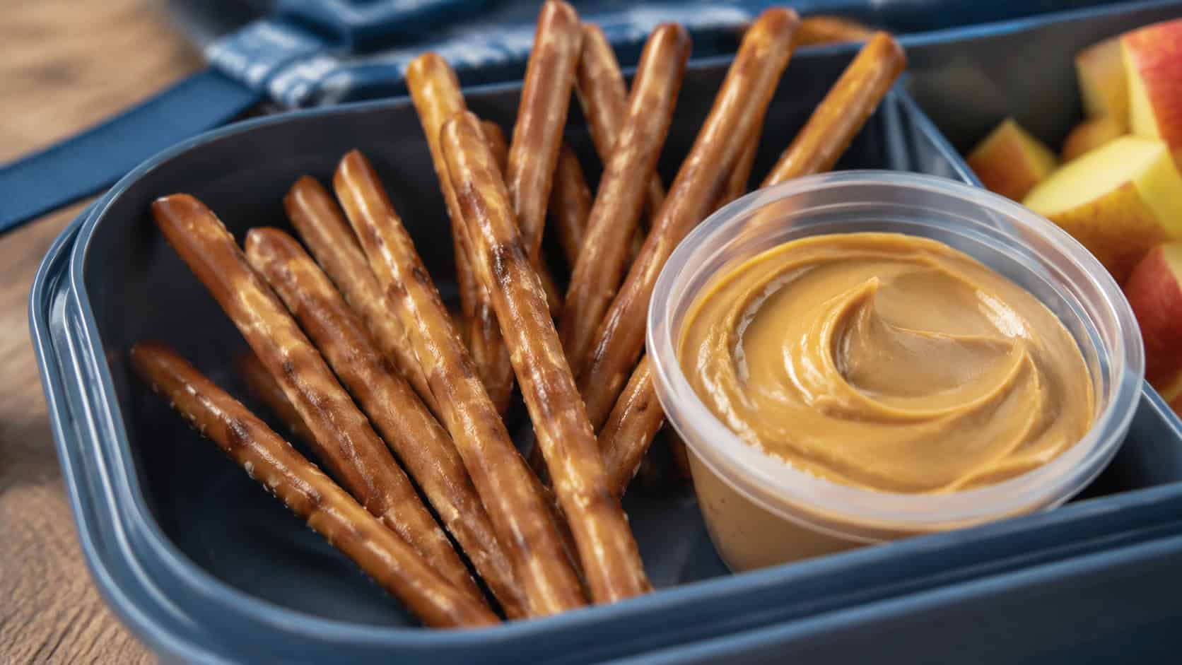 gluten-free pretzel sticks in a wide horizontal shot, crunchy sticks fanned beside a small cup of creamy peanut butter dip in a lunchbox, natural light, shallow depth of field, landscape orientation