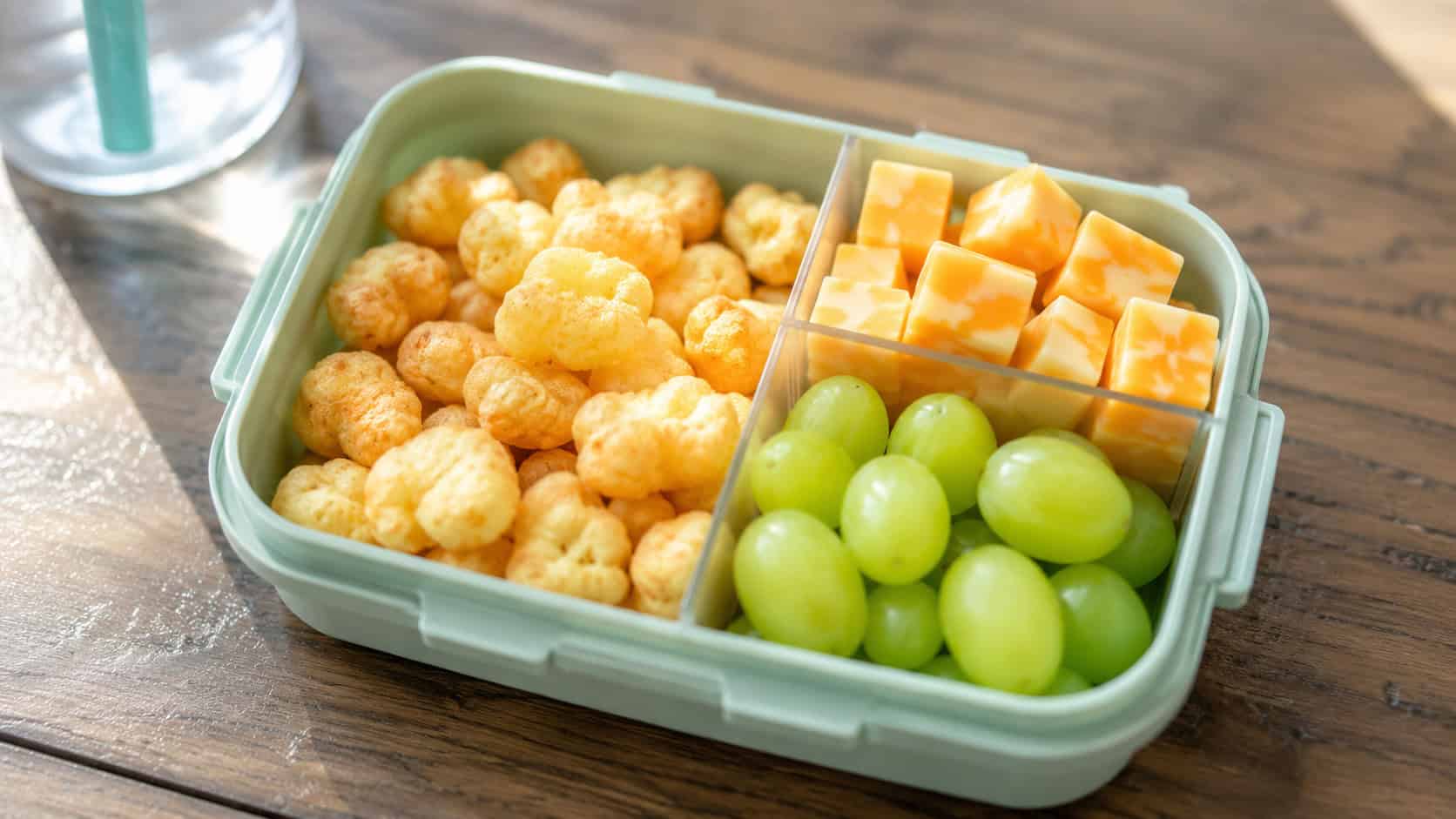 a gluten-free snack lunch in a wide horizontal shot, crispy potato puffs with cheese cubes and green grapes arranged in a divided lunchbox, bright natural light, shallow depth of field, landscape orientation