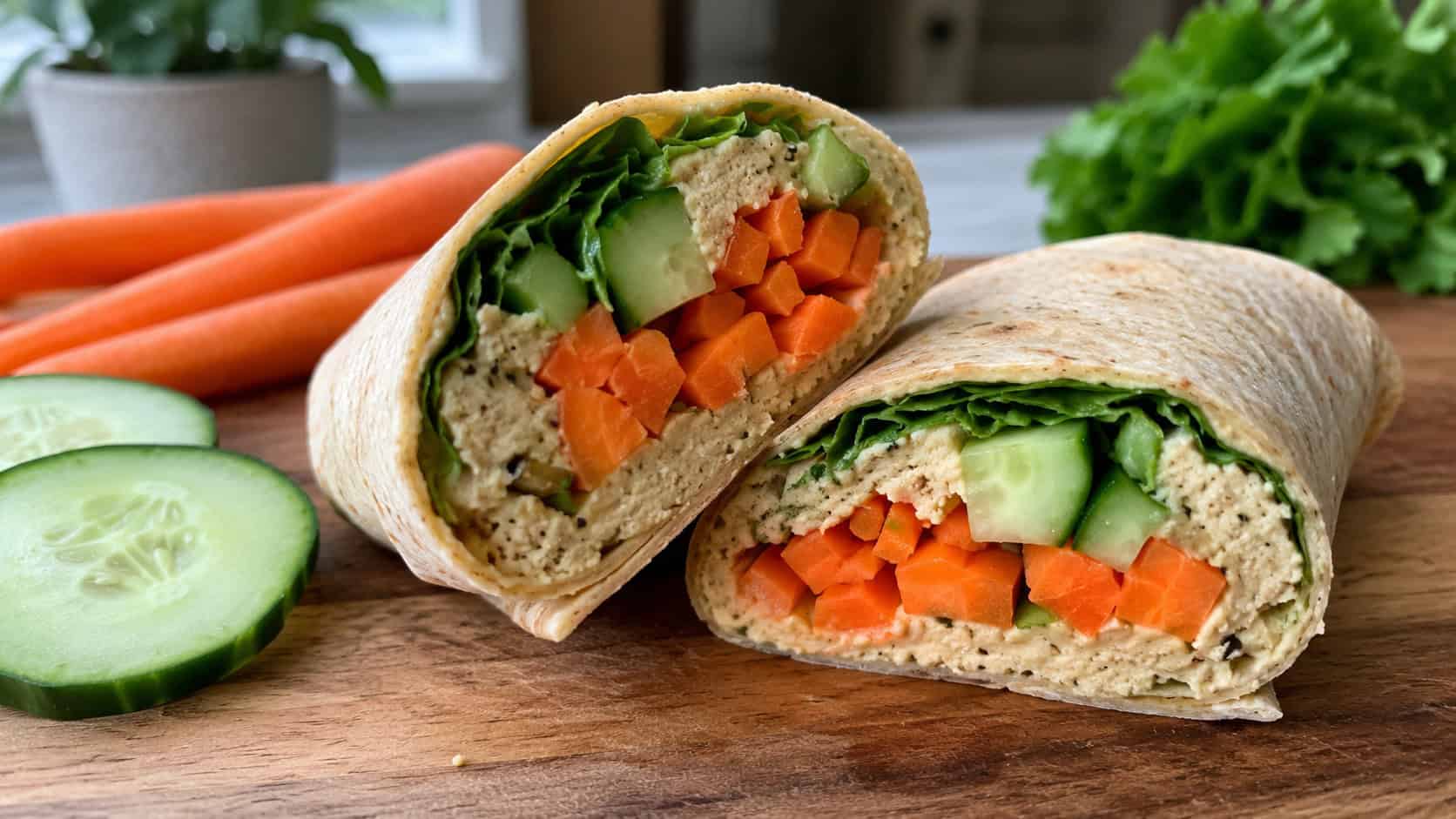 a veggie hummus wrap sliced in half to show colorful carrots and cucumber inside, shown in a wide horizontal shot on a wooden board with extra veggies nearby, natural light, shallow depth of field, landscape orientation