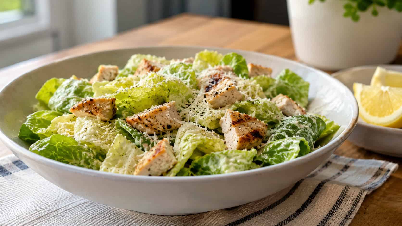 a chicken Caesar salad with crisp romaine, diced chicken, and shredded parmesan in a bowl, shown in a wide horizontal shot on a kitchen table with a lemon wedge nearby, natural light, shallow depth of field, landscape orientation