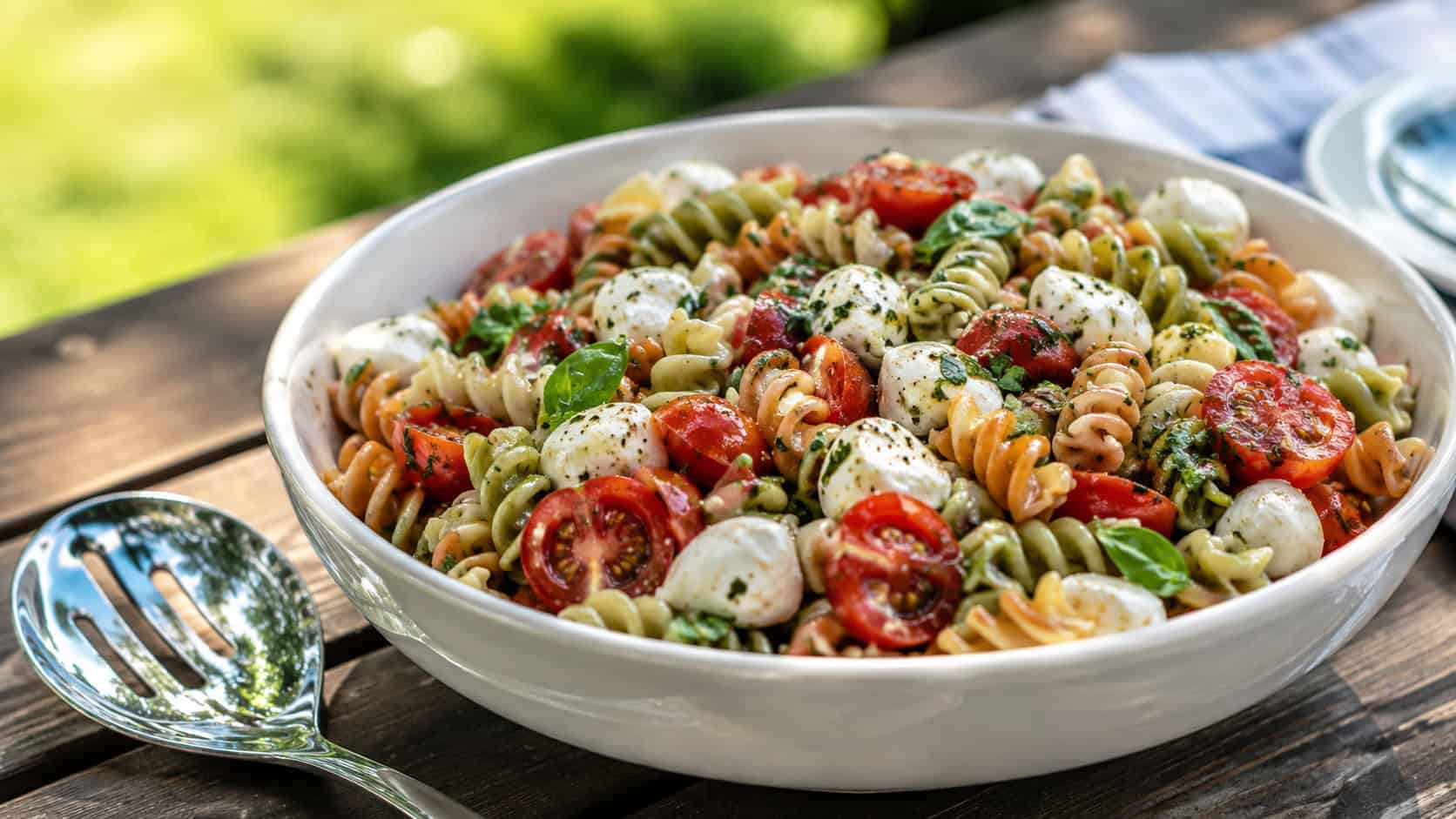 a colorful rotini pasta salad with tomatoes and mozzarella in a bowl, shown in a wide horizontal shot on a picnic table with a serving spoon nearby, natural light, shallow depth of field, landscape orientation