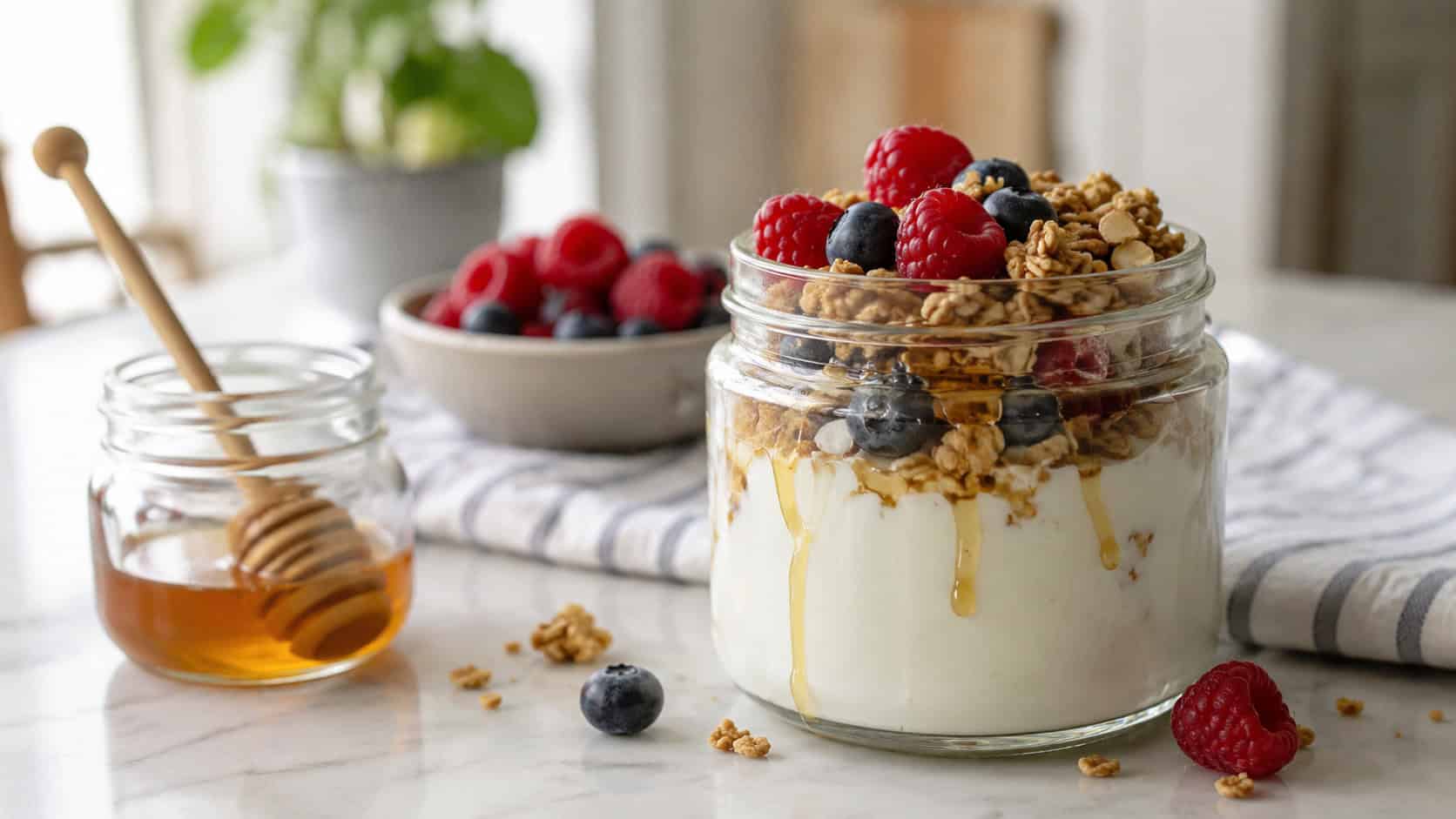 a jar of thick Greek yogurt topped with granola and fresh berries, shown in a wide horizontal shot on a bright counter with a drizzle of honey nearby, natural light, shallow depth of field, landscape orientation