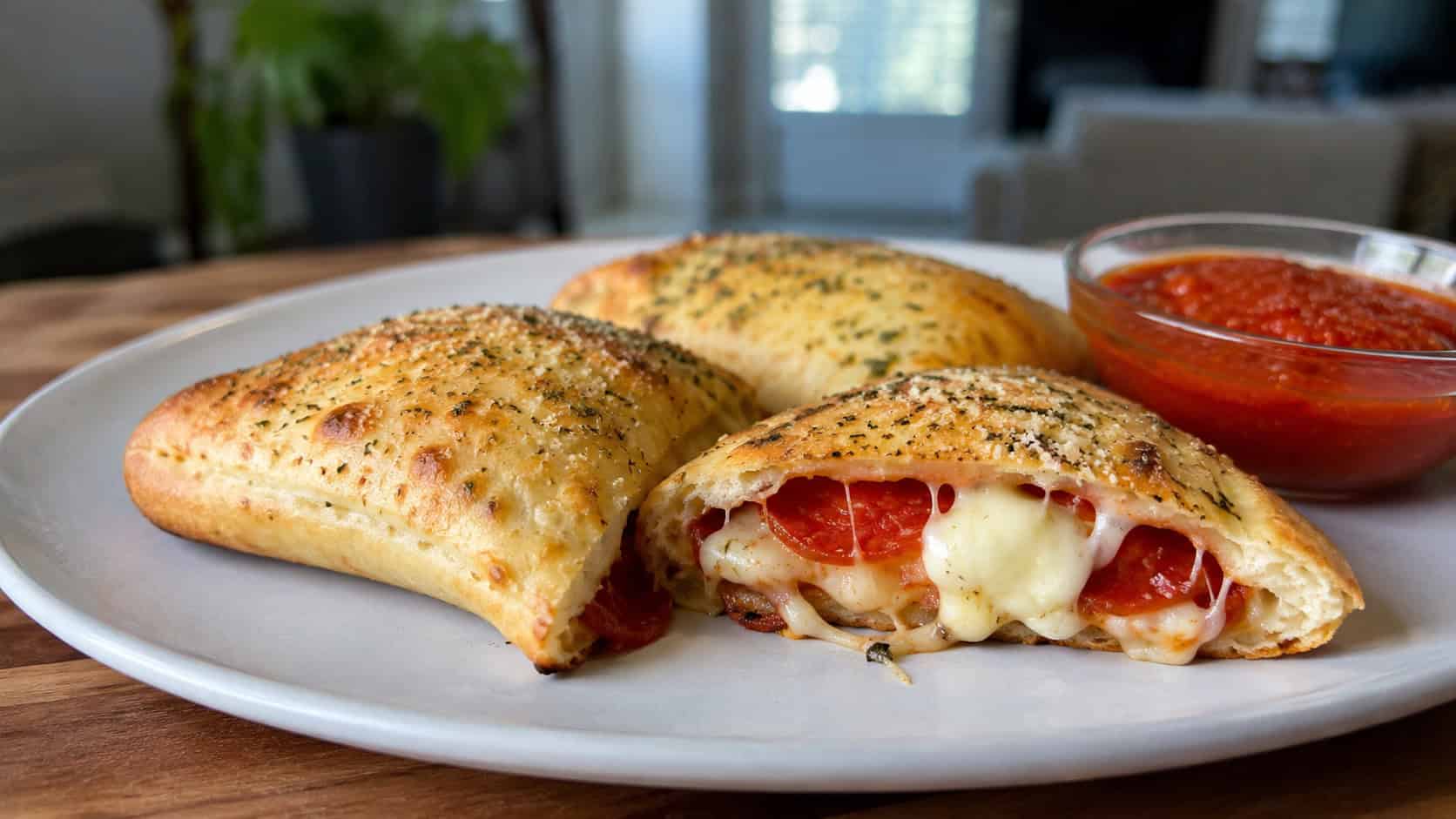 golden homemade pizza pockets, one split open to show melty cheese and pepperoni, on a plate with a small cup of marinara, in a wide horizontal shot, warm natural light, shallow depth of field, landscape orientation