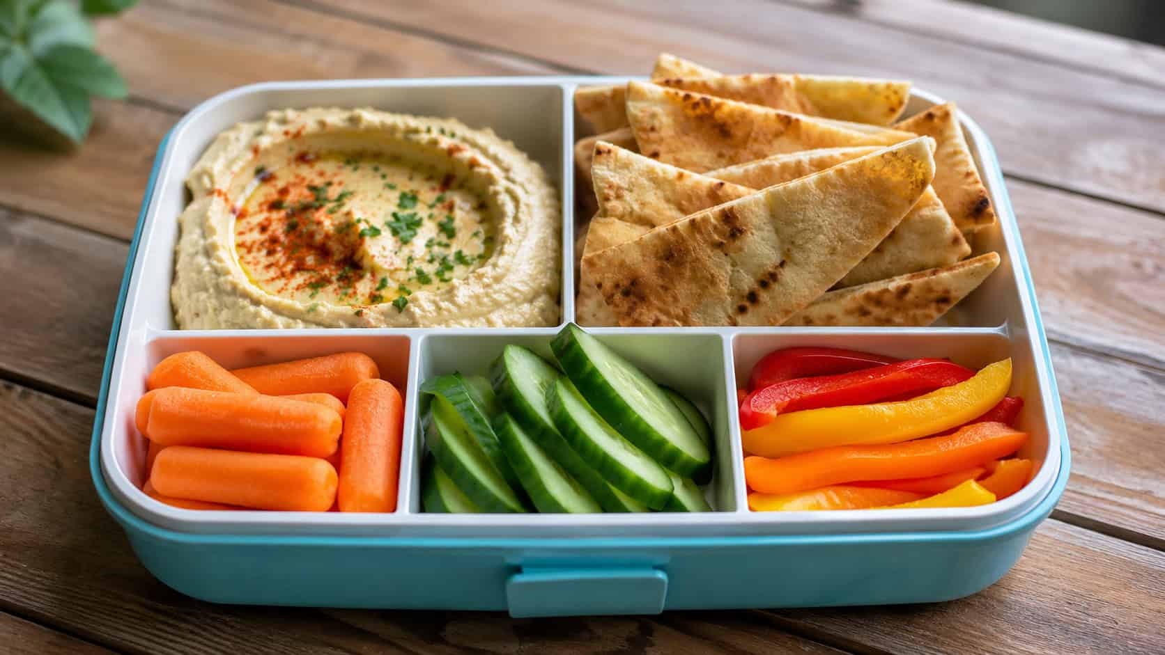 a colorful bento lunchbox with a scoop of hummus, golden pita wedges, baby carrots, cucumber, and pepper strips neatly arranged in compartments, in a wide horizontal shot, bright natural light, shallow depth of field, landscape orientation