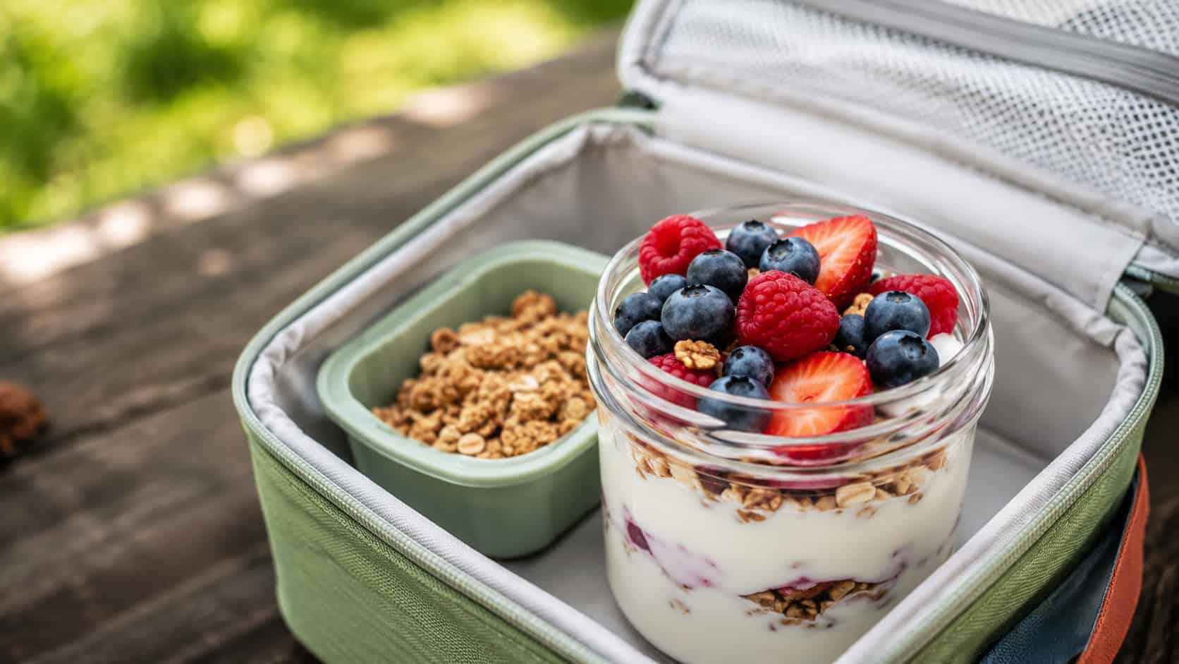 a yogurt parfait topped with bright berries in a wide horizontal shot, with a small dish of granola beside it in an open lunchbox, natural light, shallow depth of field, landscape orientation