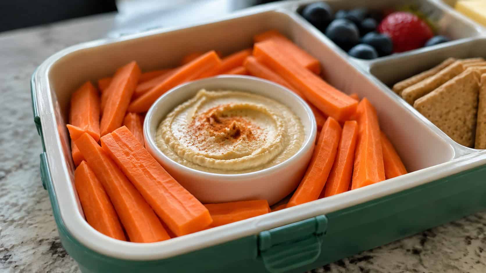 bright orange carrot sticks arranged around a small dish of creamy hummus in a wide horizontal shot, set inside a lunchbox on a counter, natural light, shallow depth of field, landscape orientation