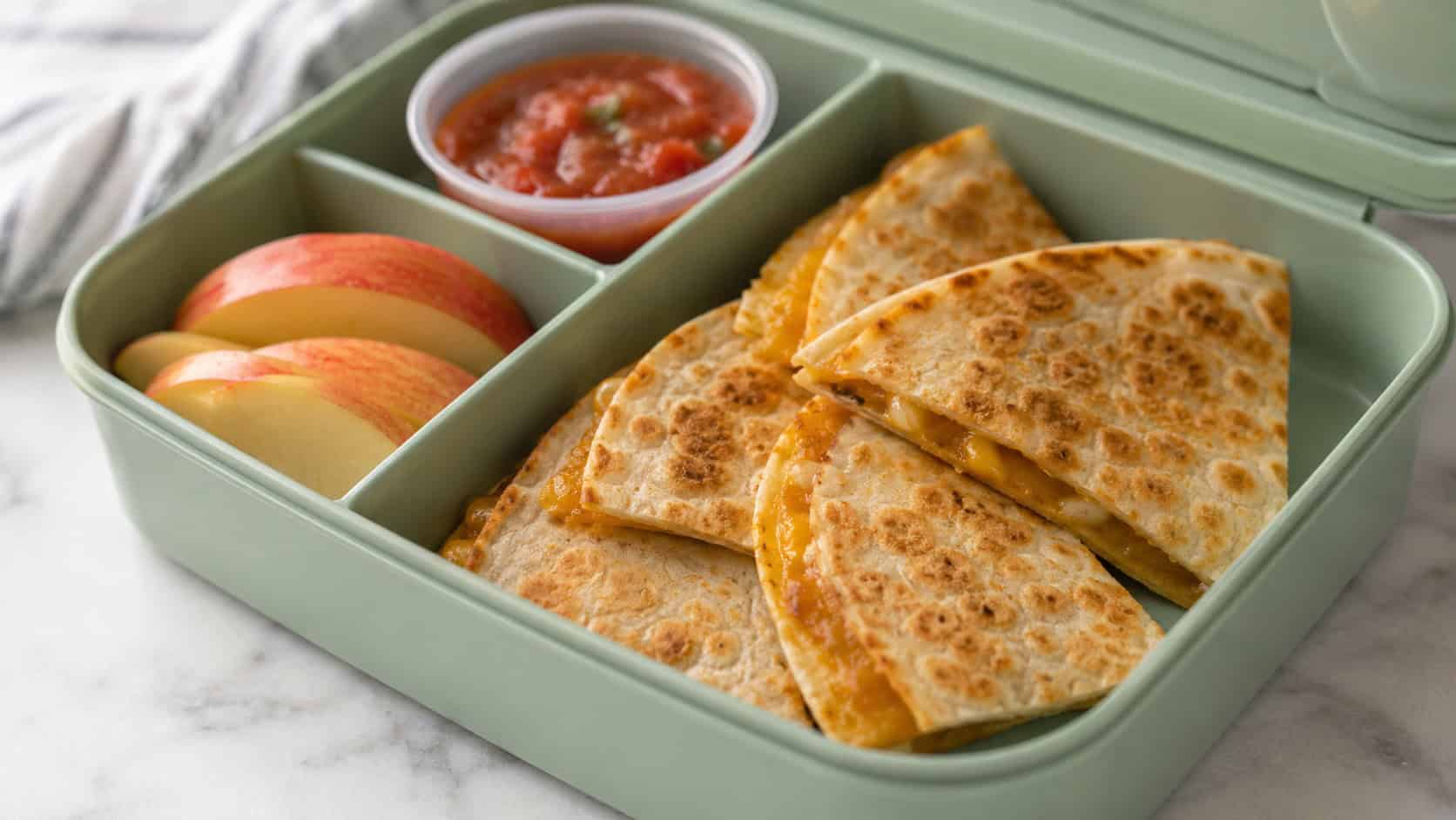 golden mini quesadilla wedges in a lunchbox compartment in a wide horizontal shot, with a small cup of salsa and apple slices nearby, set on a bright counter, natural light, shallow depth of field, landscape orientation