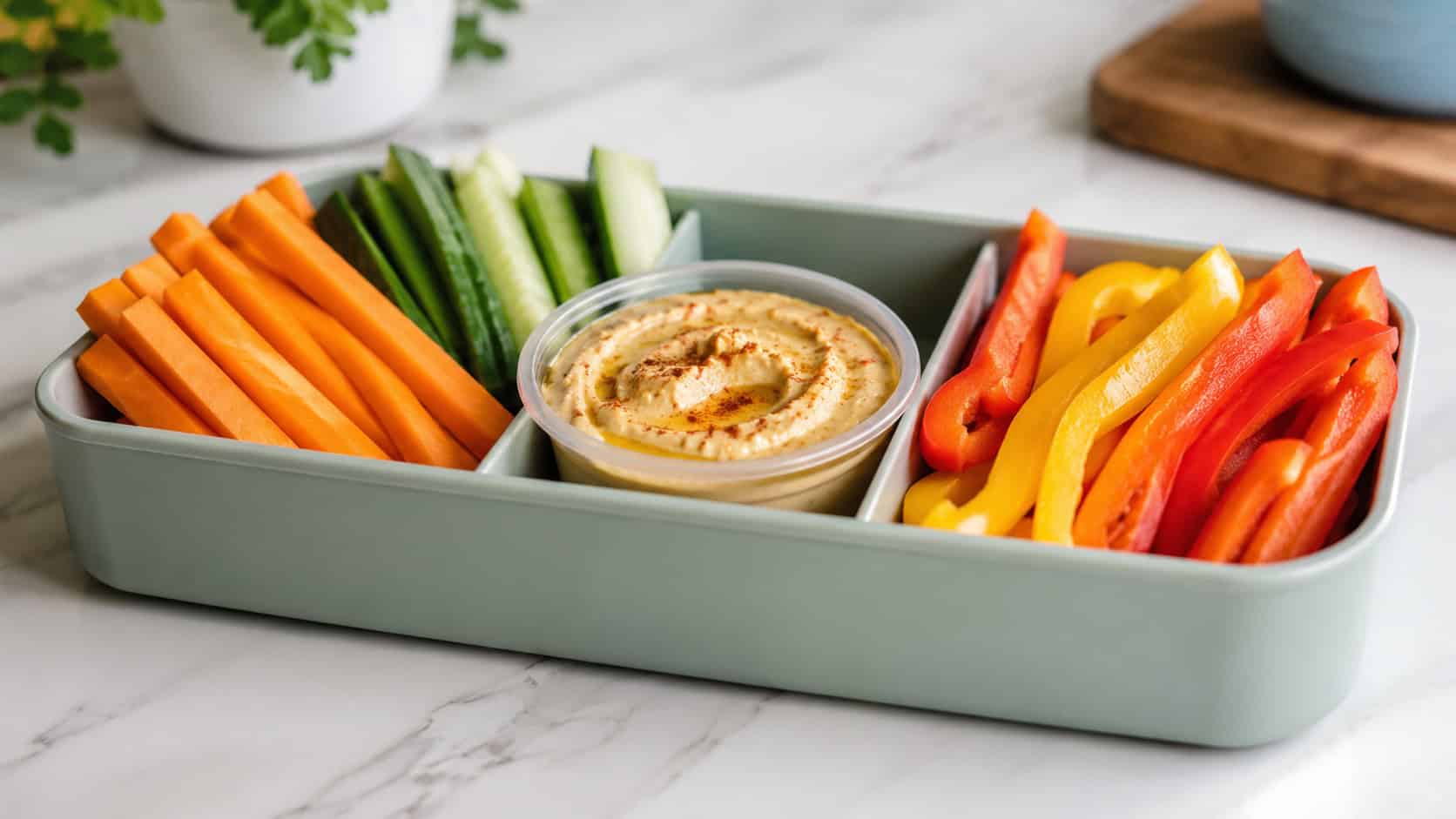 a small cup of creamy hummus surrounded by colorful carrot, cucumber, and pepper sticks in a wide horizontal lunchbox, set on a bright kitchen table, natural light, shallow depth of field, landscape orientation