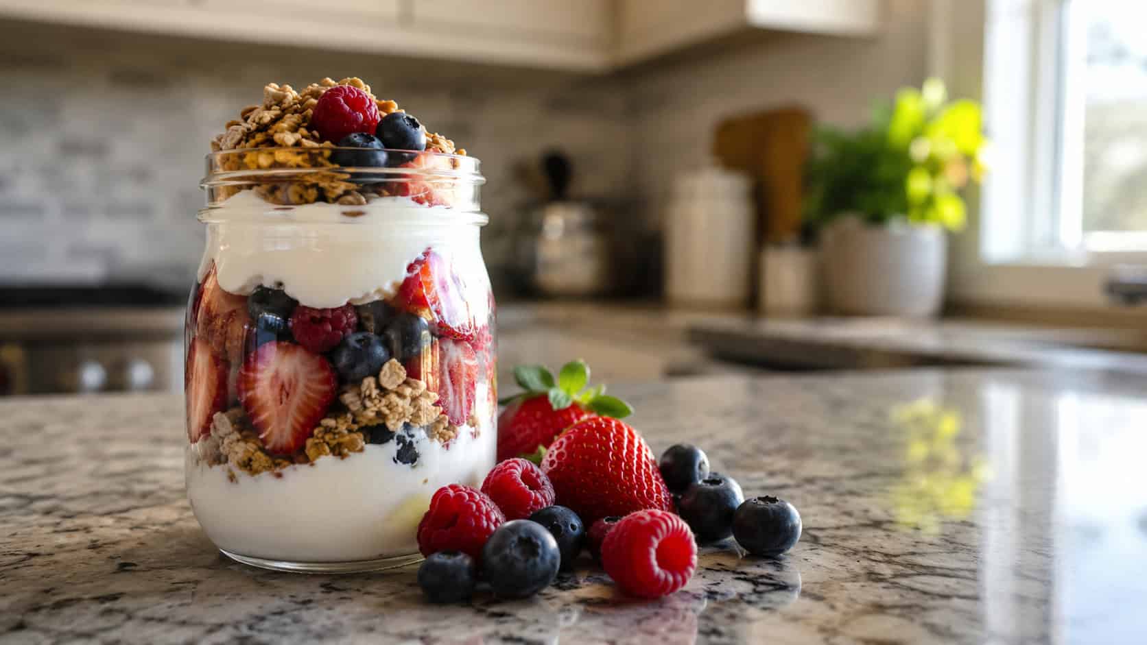 a yogurt and berry parfait in a clear jar shown in a wide horizontal frame on a kitchen counter, visible creamy and fruit layers topped with granola, scattered fresh berries beside it, soft morning light, shallow depth of field, landscape orientation