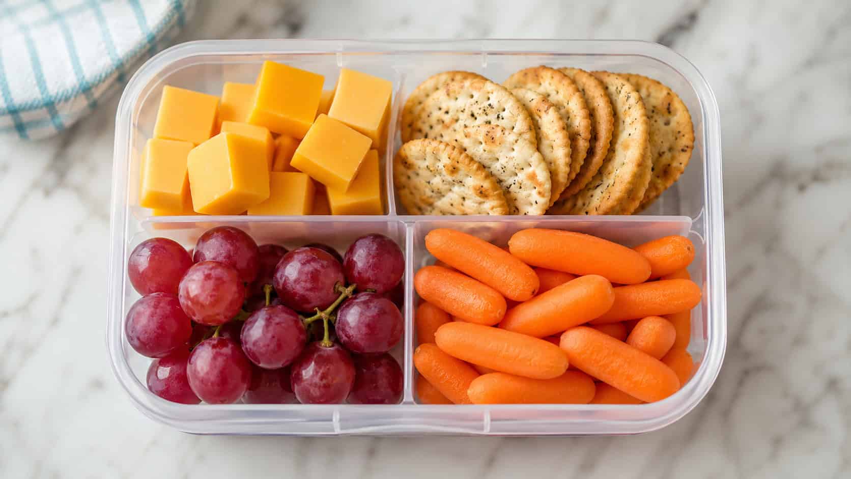 a divided lunch box filled with cheddar cheese cubes crackers grapes and baby carrots shown in a wide horizontal overhead frame on a bright counter, neat colorful compartments, natural light, shallow depth of field, landscape orientation