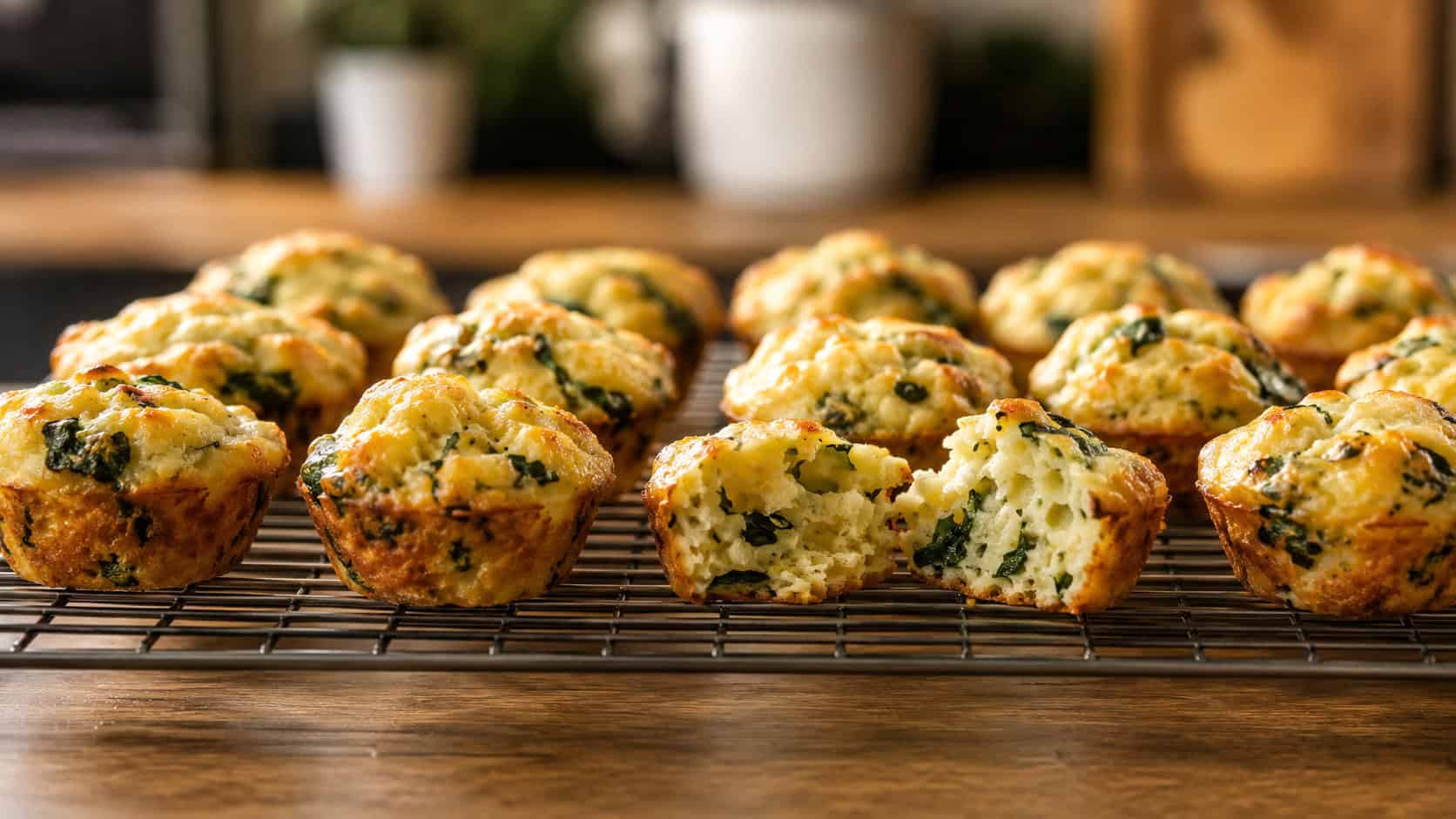 golden spinach and cheese mini muffins arranged in a wide horizontal row on a cooling rack, flecks of green visible, a few split open showing soft cheesy interiors, warm kitchen light, shallow depth of field, landscape orientation