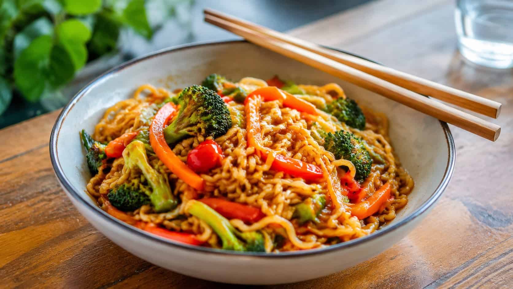 glossy stir-fried ramen noodles tangled with broccoli, carrots, and red peppers in a shallow bowl, in a wide horizontal shot, chopsticks resting across the rim on a wooden table, bright natural light, shallow depth of field, landscape orientation
