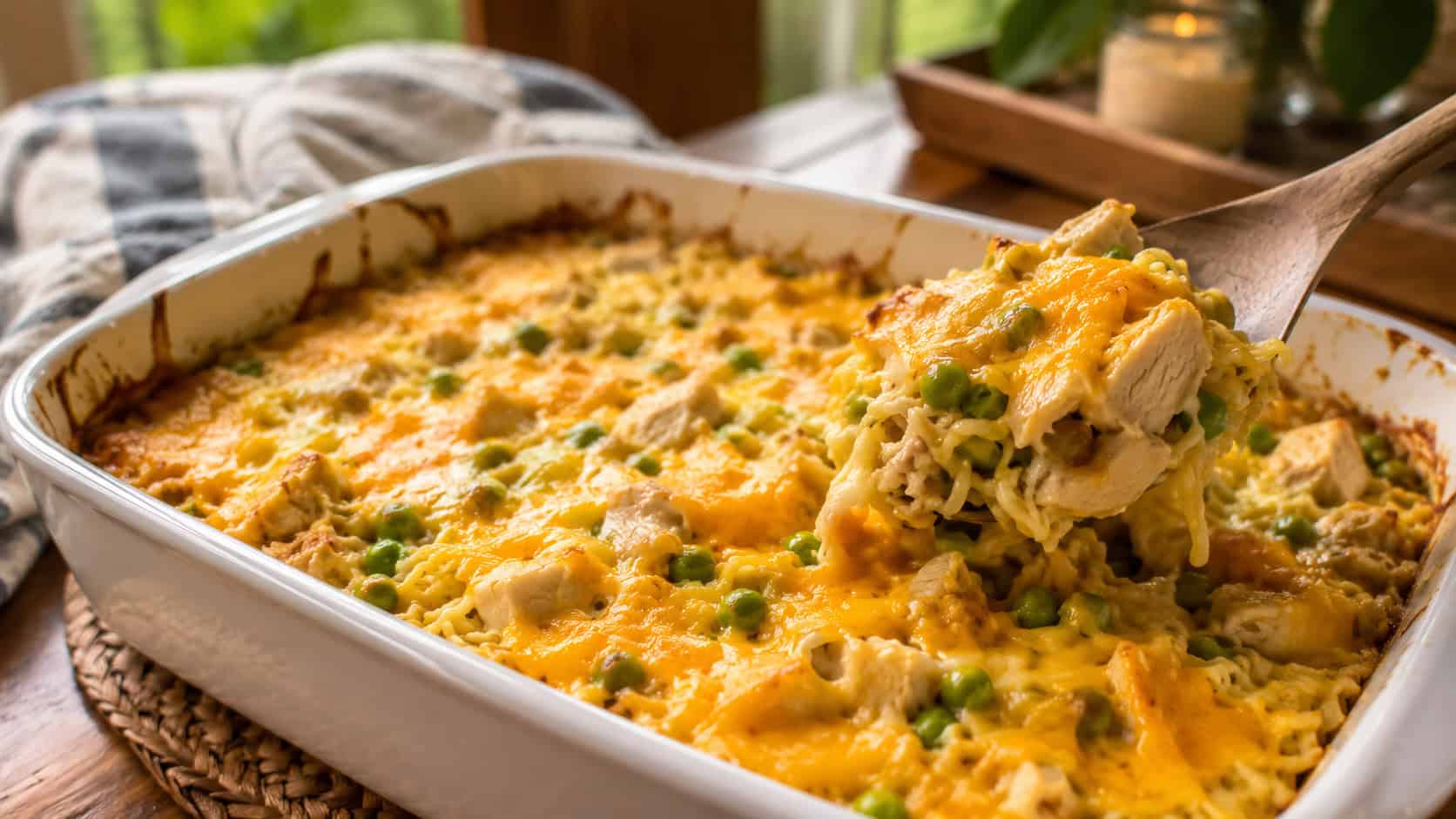 a bubbly golden baked ramen casserole with melted cheddar and visible chicken and peas in a white baking dish, in a wide horizontal shot, a serving spoon scooping a portion on a cozy table, warm natural light, shallow depth of field, landscape orientation