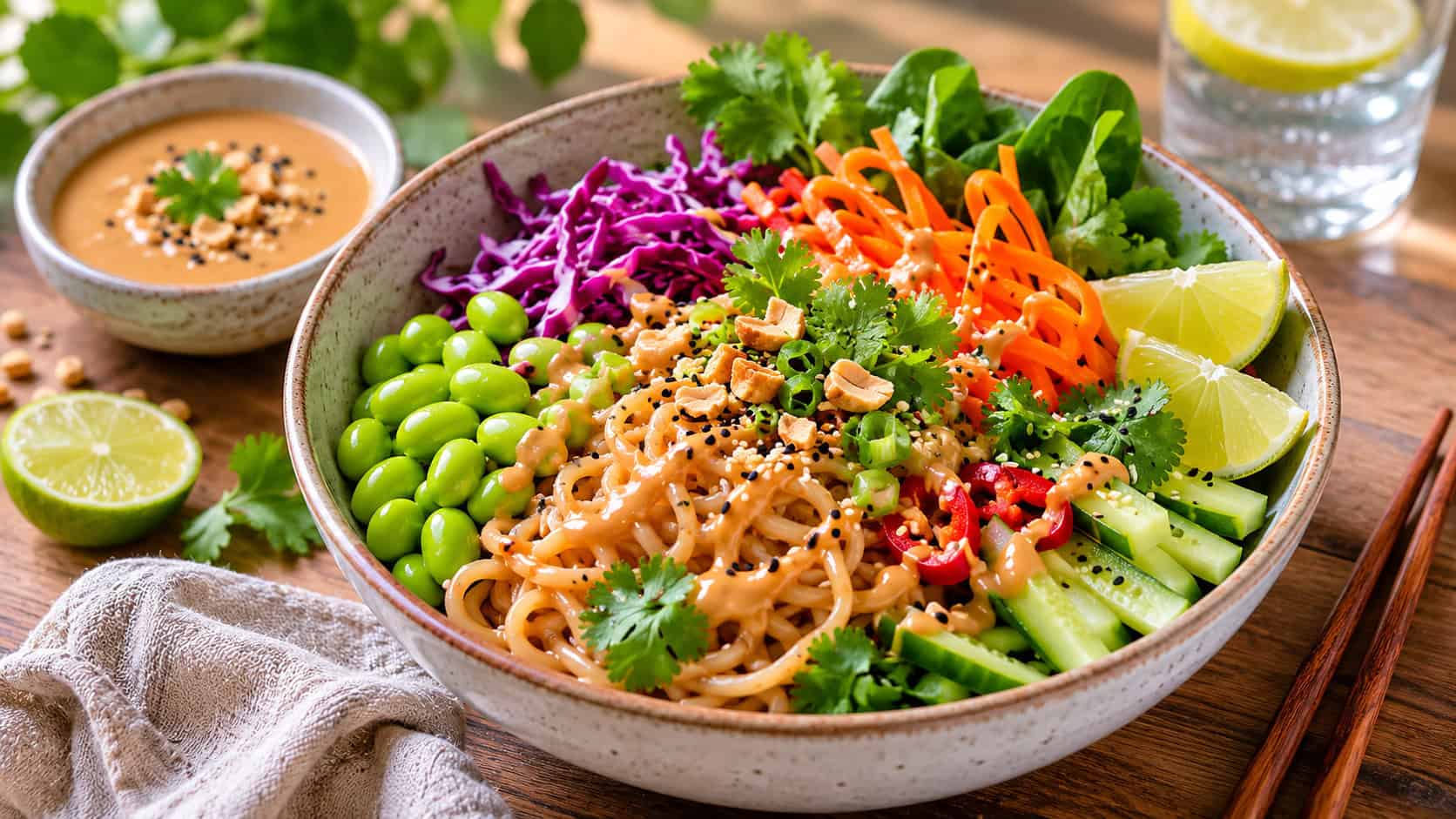 a vibrant ramen Buddha bowl with neat sections of green edamame, purple cabbage, cucumber, and carrot ribbons, in a wide horizontal shot, a small dish of peanut sauce on a light wood table, bright natural light, shallow depth of field, landscape orientation