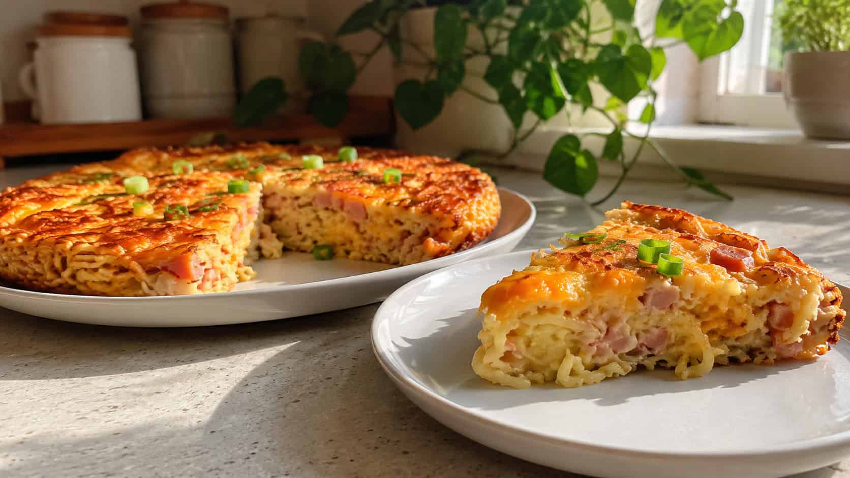 a golden ramen frittata cut into wedges showing noodles, cheese, and ham inside, in a wide horizontal shot, a slice lifted onto a plate on a sunny kitchen counter, warm natural light, shallow depth of field, landscape orientation